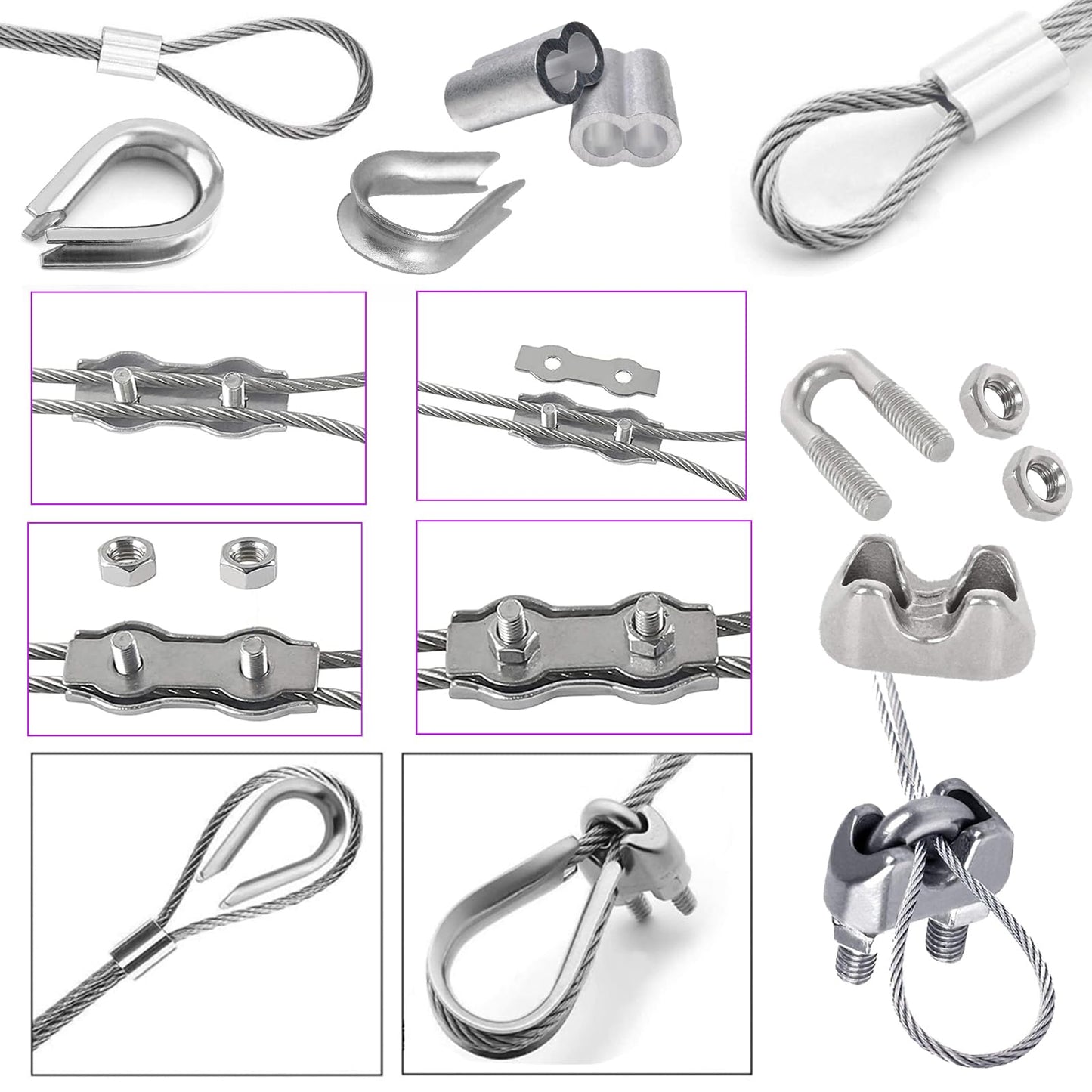 Leaum 30 piece turnbuckle M4 wire tensioner set, with stainless steel turnbuckle M4, 3mm stainless steel wire rope clamp, 3mm wire rope thimble, and 3mm aluminum ferrule for tightening tensioned rope.