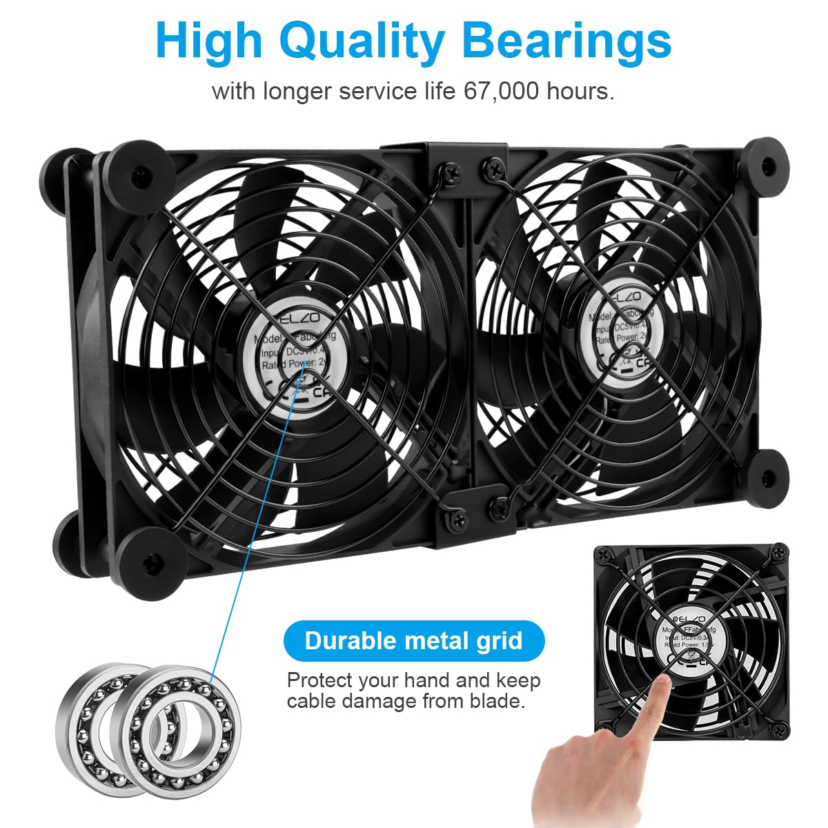 ELZO 2 in 1 Dual USB Fan 120mm 5V, Double USB Fan 120mm PC Computer Fan with 3 Adjustable Speeds 12cm with 8 Shock-Absorbing Feet for PS5 PS4/Laptop/TV Box/Router