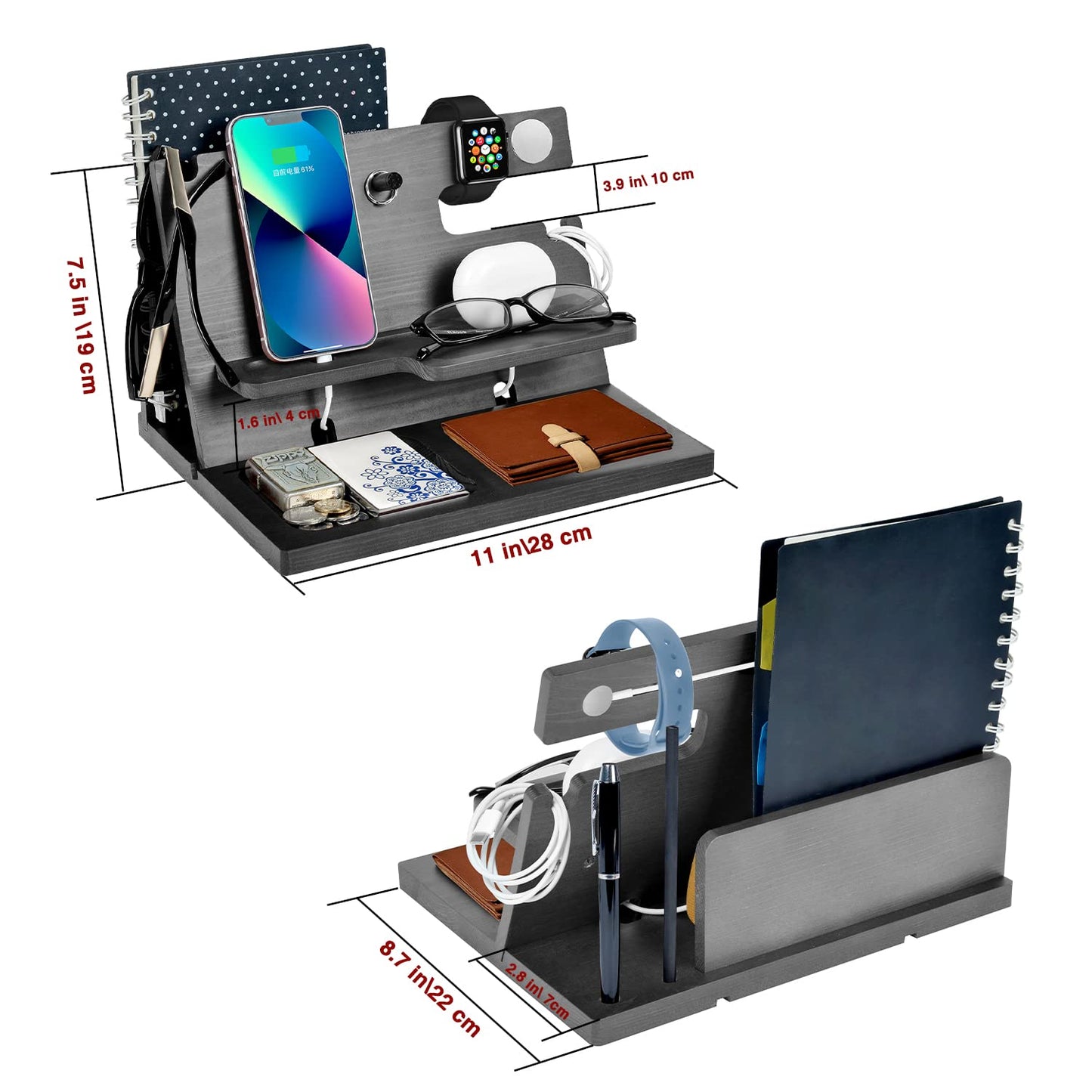 Gifts for men: birthday wooden phone docking station, watches, wallets, bedside organizer. Perfect for Christmas, birthday, or Father's Day. Wooden desk organizer for men.
