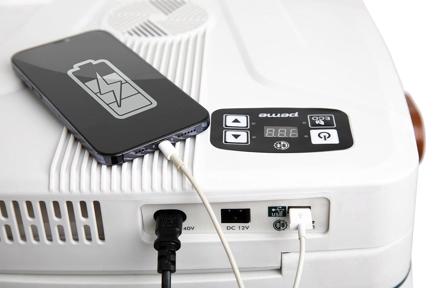 peme Essential Auto Cooler 22.9L - Electric cooling and heating box, Dual power 12V & 230V, Eco mode, USB charging function, secure lid locking, for car, boat, camping.