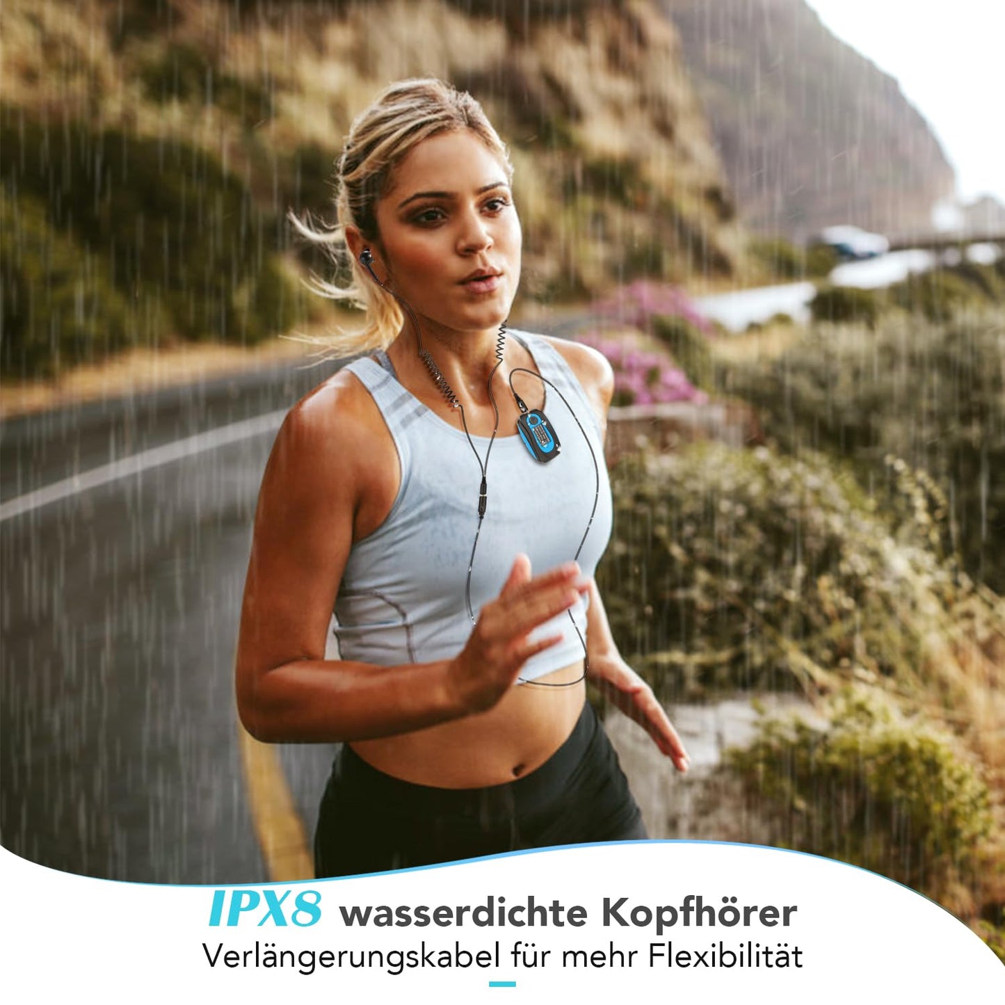 AGPTEK IPX8 Waterproof MP3 Player, 8GB HiFi MP3 Music Player for Swimming and Running, with waterproof headphones, audio cable, and 3 pairs of ear tips (L/M/S), supports FM, shuffle function, Blue.