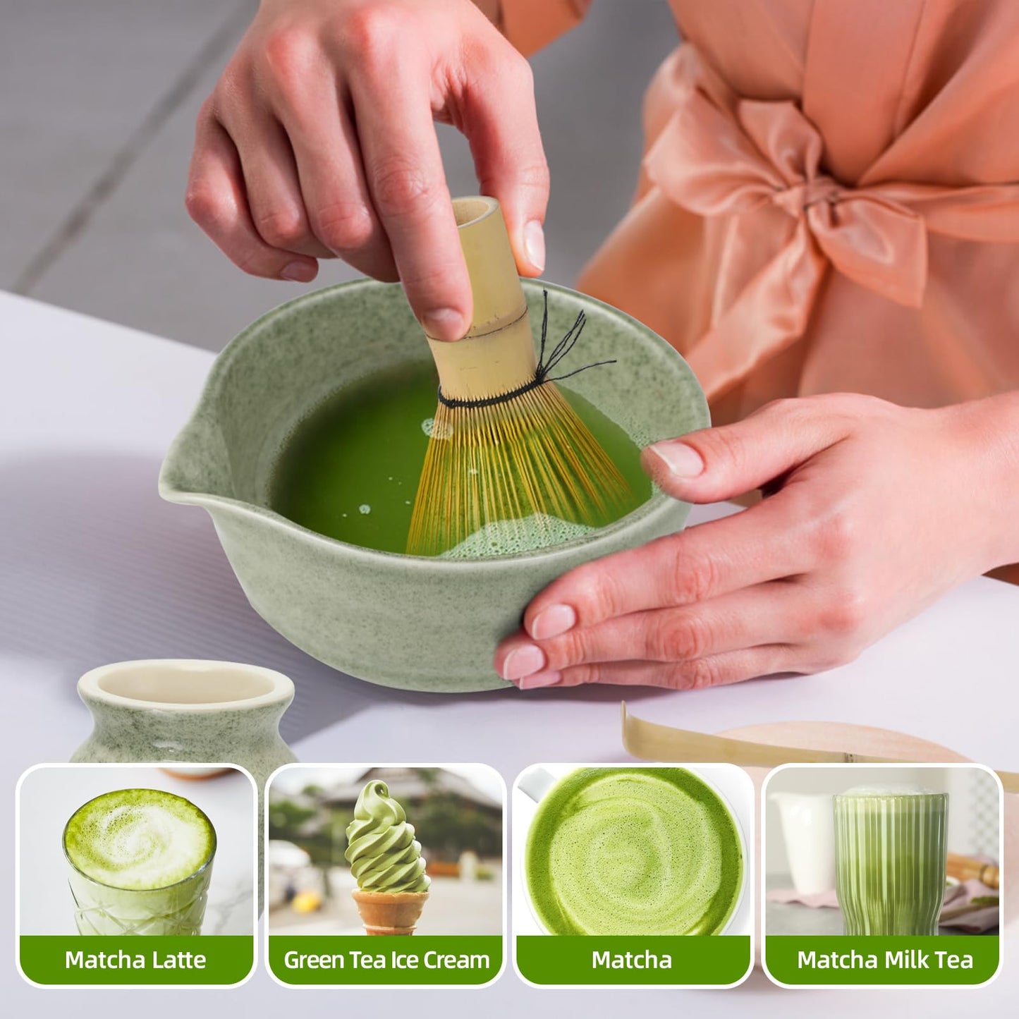 Matcha set - Matcha whisk set - 4-piece matcha tea set, Matcha whisk, Matcha bowl, Chasen, and Matcha spoon - Matcha accessories for tea ceremony - Green gift for home and office.