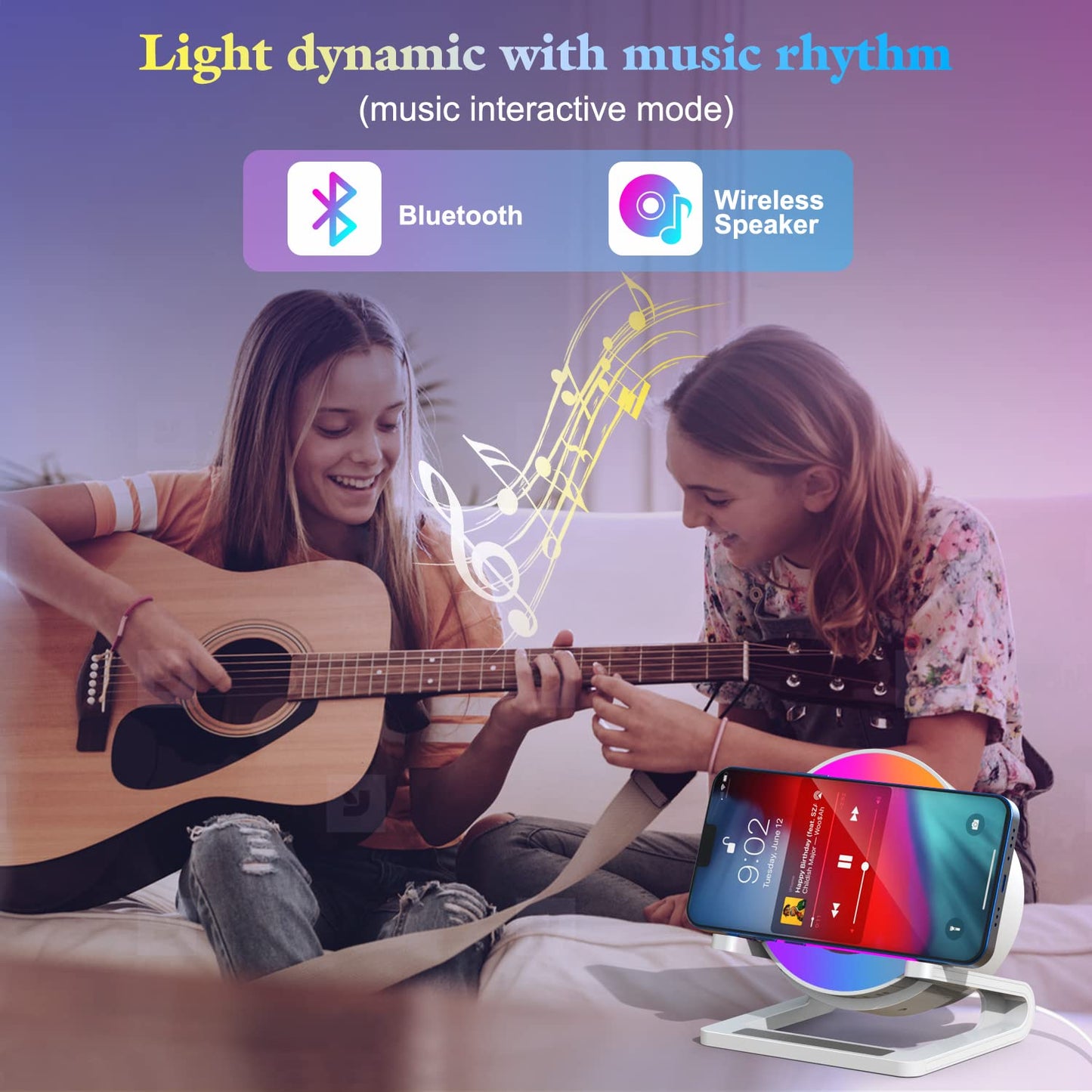 Bluetooth speaker with night light and wireless charger, touch dimmable bedside lamp with 5 light modes, music box & inductive charging station, perfect birthday gift for women and men.