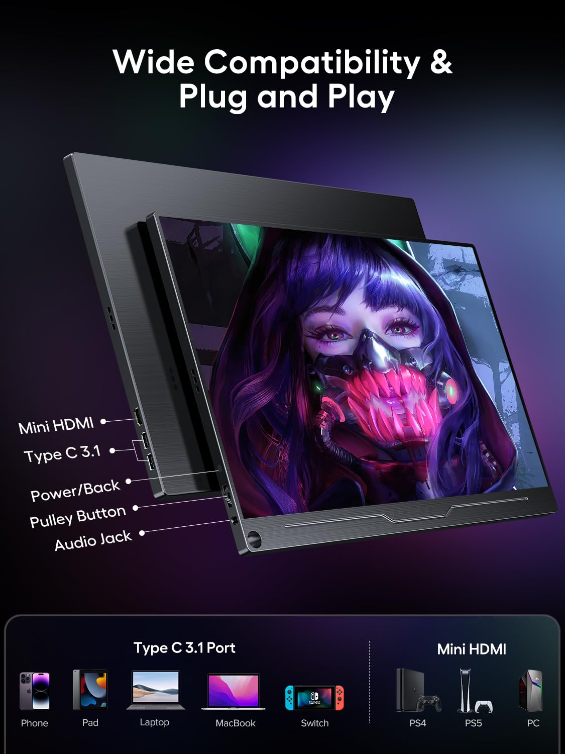 UPERFECT 18.5 inch 120Hz Portable Gaming Monitor IPS Full HD 1920 * 1080 Eye Care Matte Screen with USB C Mini HDMI for PC Laptop Mobile PS4/5 Xbox, Metal Housing, VESA Compatible