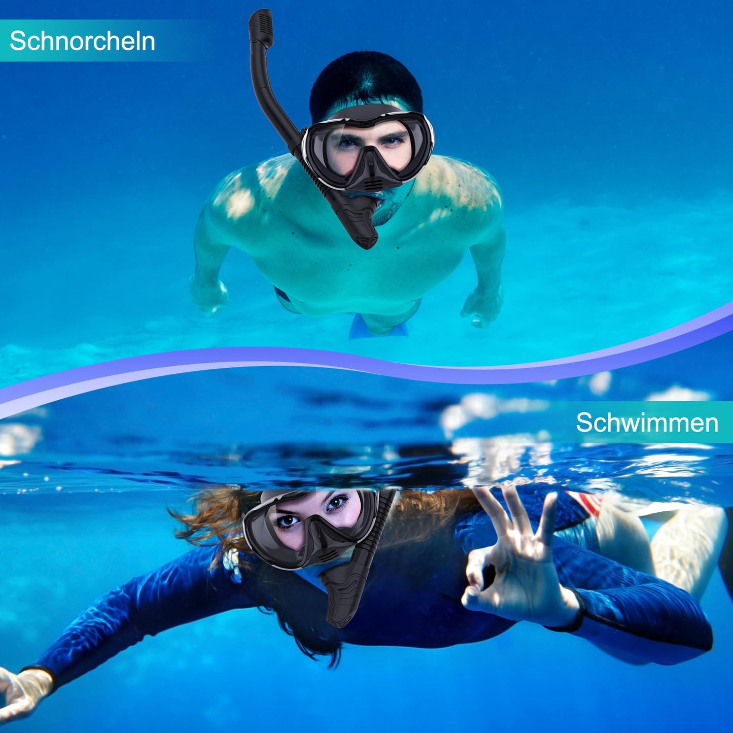 Adult Diving Mask Snorkel Set 180° Panoramic View Leak-proof Anti-leak Swimming Goggles for Diving (Silver-Black-with Snorkel)