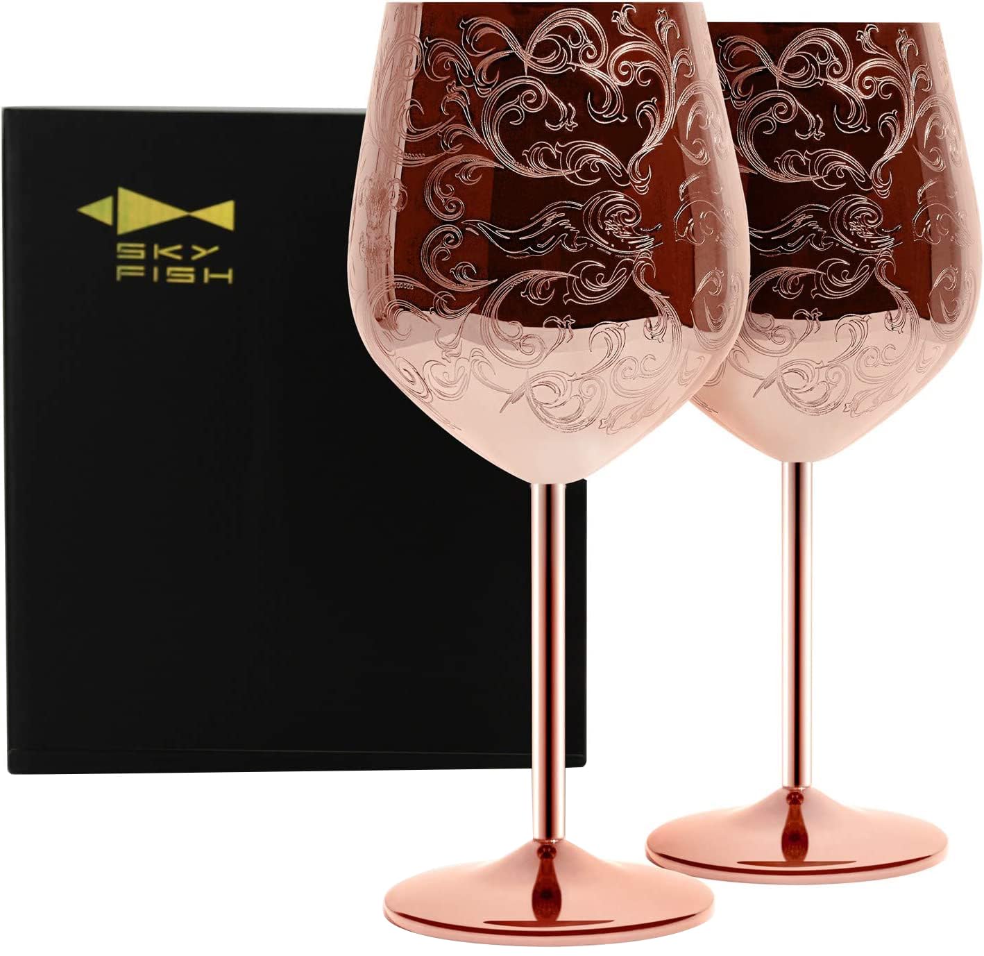 SKY FISH Stainless Steel Wine Glasses, Etched with Intricate and Authentic Baroque Engravings, Copper-Plated Wine Goblets in Royal Style, Anniversary Gift, Set of 2, Hand Wash Only, (480ml)