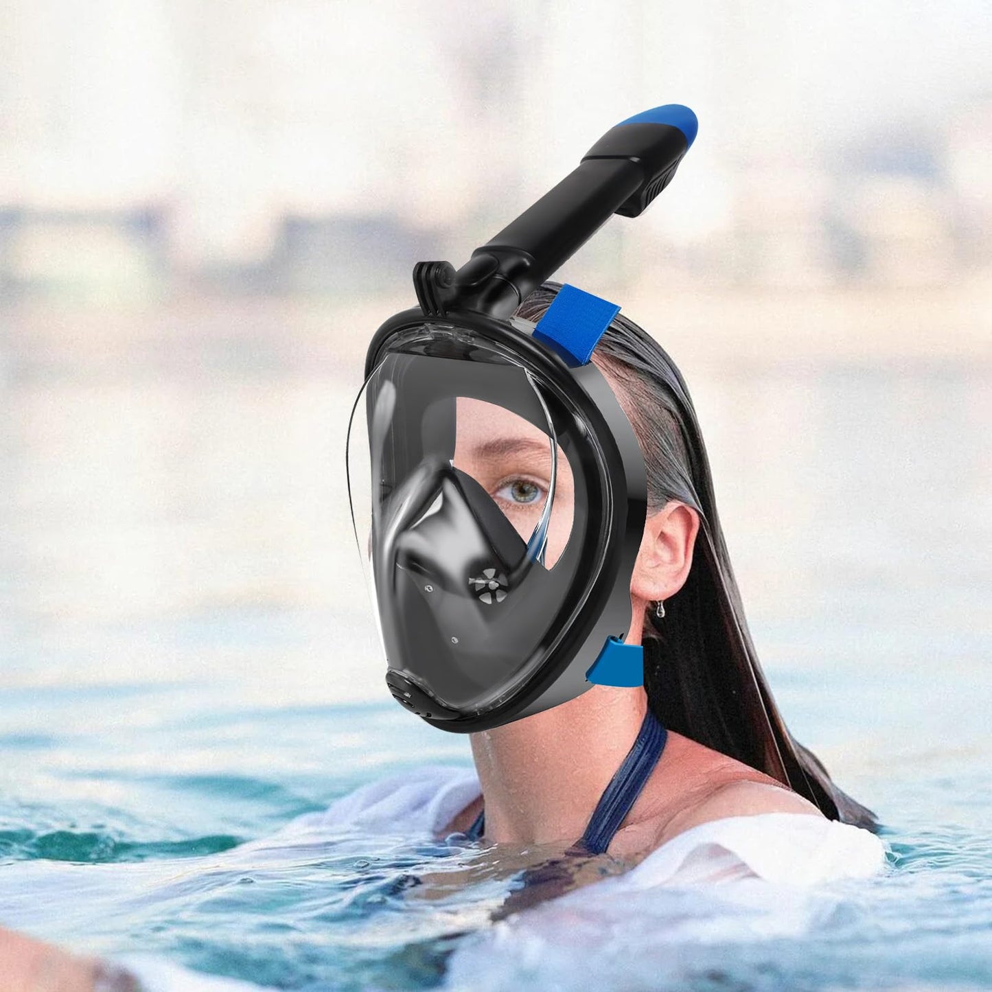 Jsdoin Snorkel Mask Adult Full Face, 180-Degree View Diving Mask with Panoramic Full Face Design, Sport Camera Compatible Diving Goggles for Adults and Kids (Black Blue, XS)