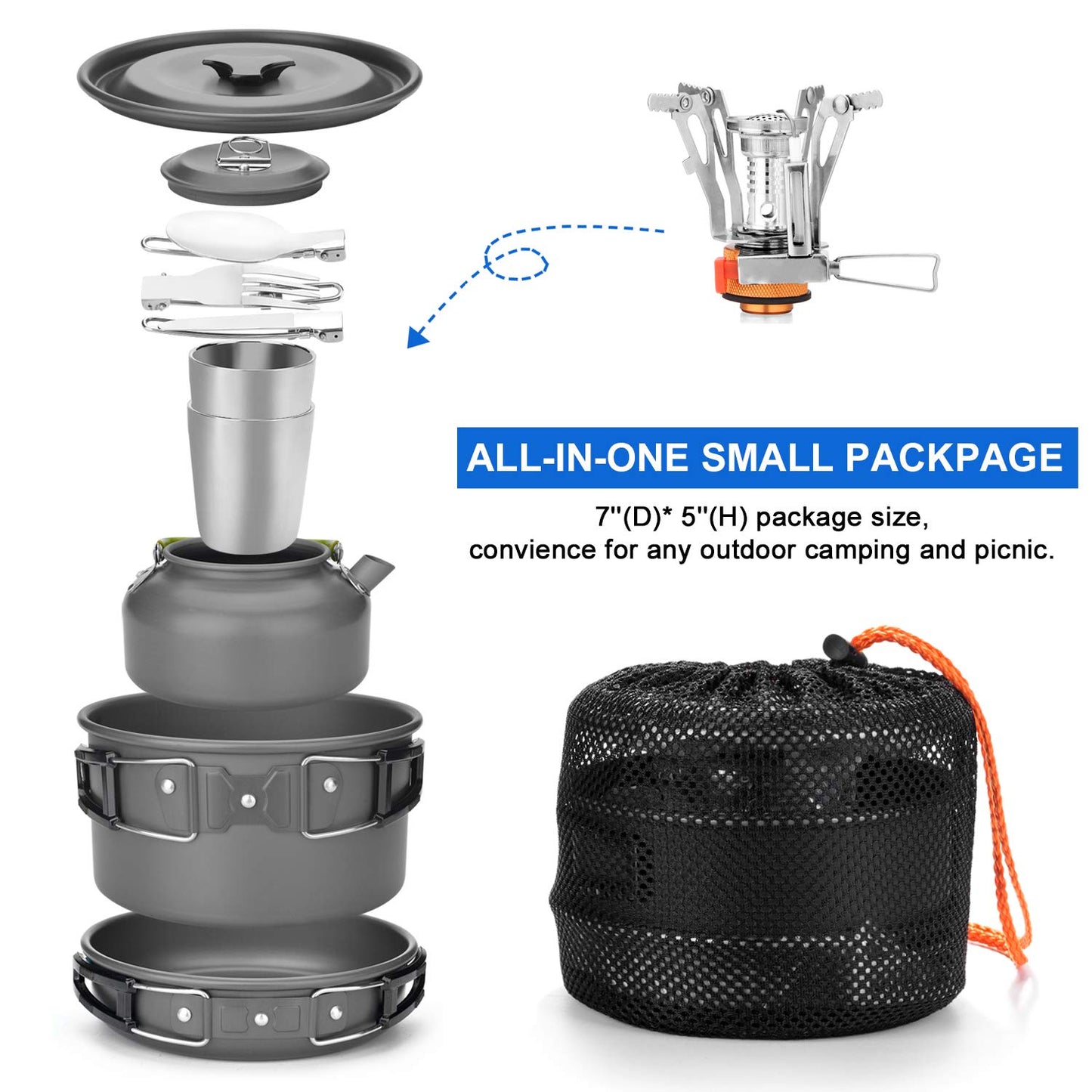 Odoland cookware set for 1-2 people, includes mini gas stove, portable aluminum pot, teapot, cups, foldable utensils. Perfect for camping, outdoor picnics, and hiking.