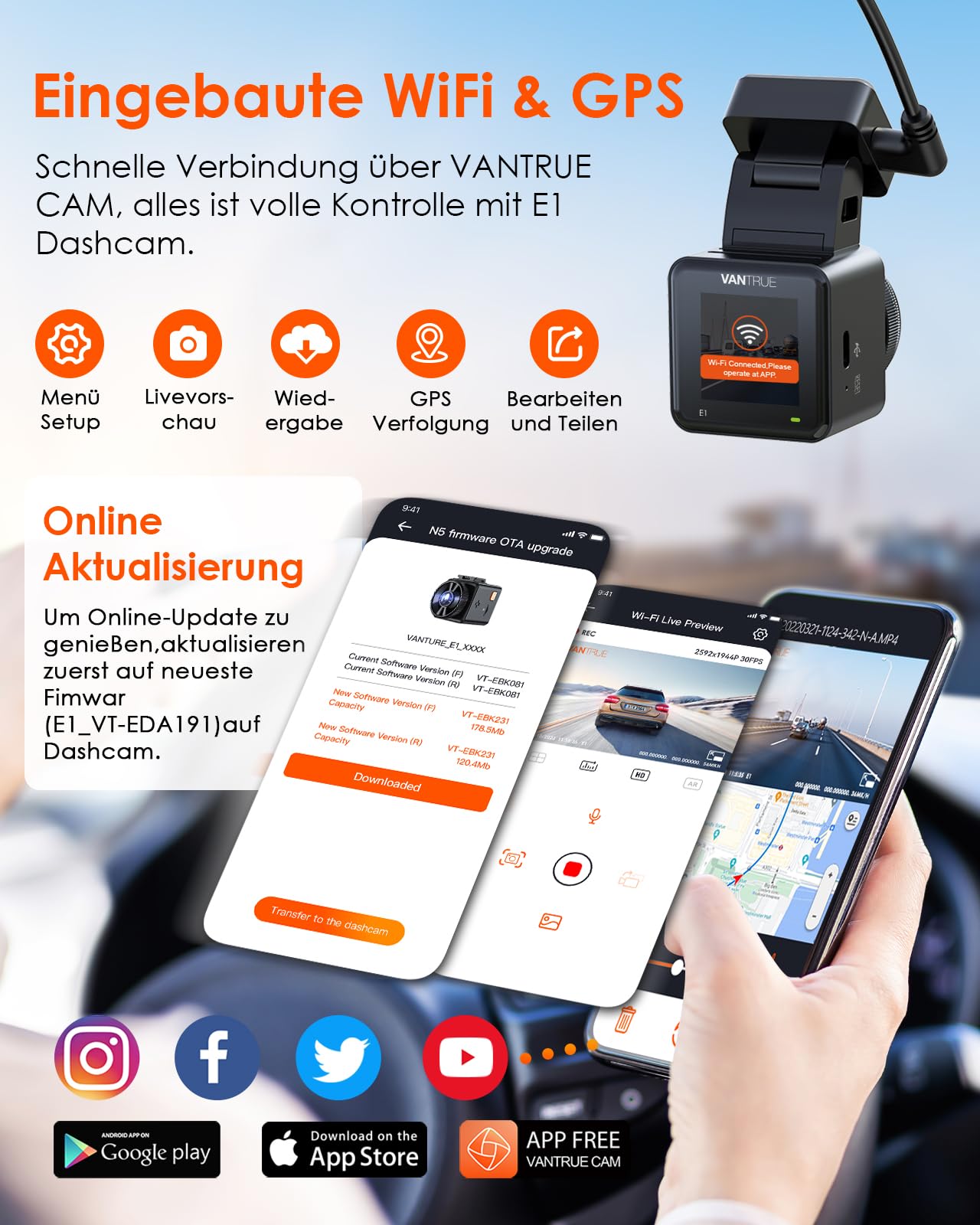 VANTRUE E1 2.7K Dashcam Mini Car WiFi GPS, 2.5K 1440P/60FPS Dash Cam Remote Voice Control, 24Hr Parking Mode, HDR Super Night Vision, 1.54 Inch 160° Hidden Car Camera, max. 512GB