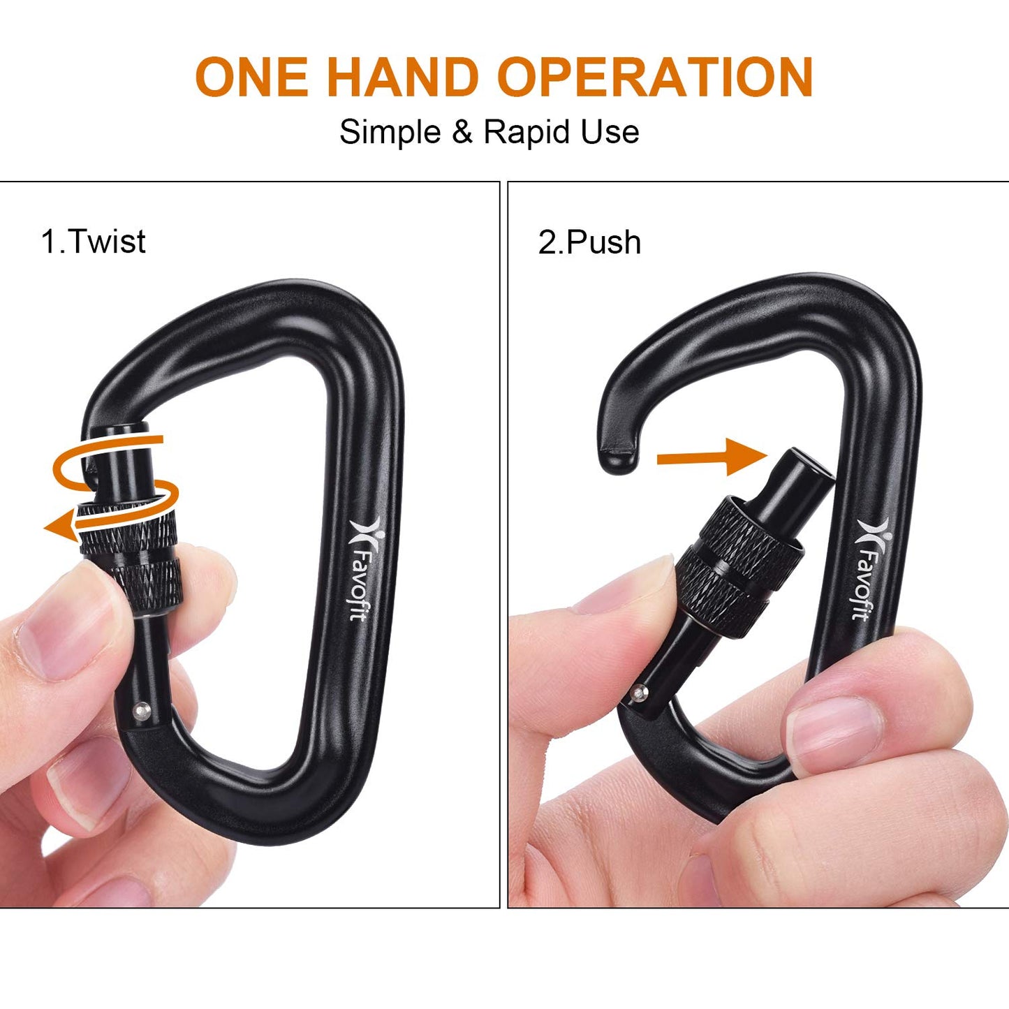 Favofit Locking Carabiner Clips, 4 pieces, rated at 12 kN (each 1223 kg), sturdy carabiner hooks for camping, hiking, outdoor & gym etc., small carabiners (Black)