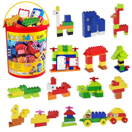burgkidz Classic Large Building Blocks Educational Toy in Durable Plastic Bucket, 214 Pieces Building Bricks Colorful Toy Game for Toddler Boys Girls, Primary Colors