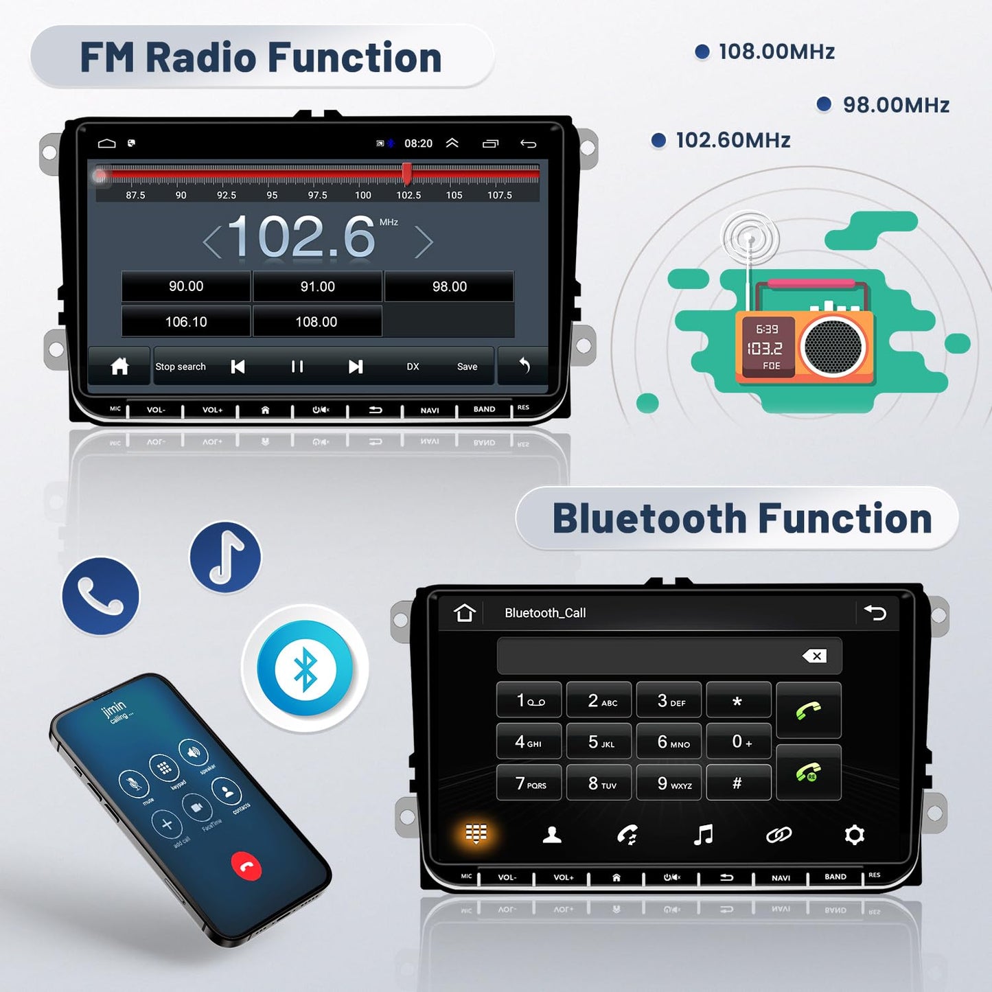 2+64G Android car radio for VW Golf 5 Golf 6 Skoda Passat B6 Passat B7. 9-inch touch display car stereo with GPS, WiFi, mirror link, Bluetooth, rearview camera, and microphone.