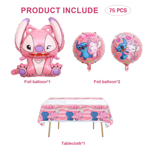 75 piece birthday decorations, children birthday decor, girl birthday decorations, party supplies set with plates, banner, napkins, balloons, cake topper, invitation card, foil balloon.