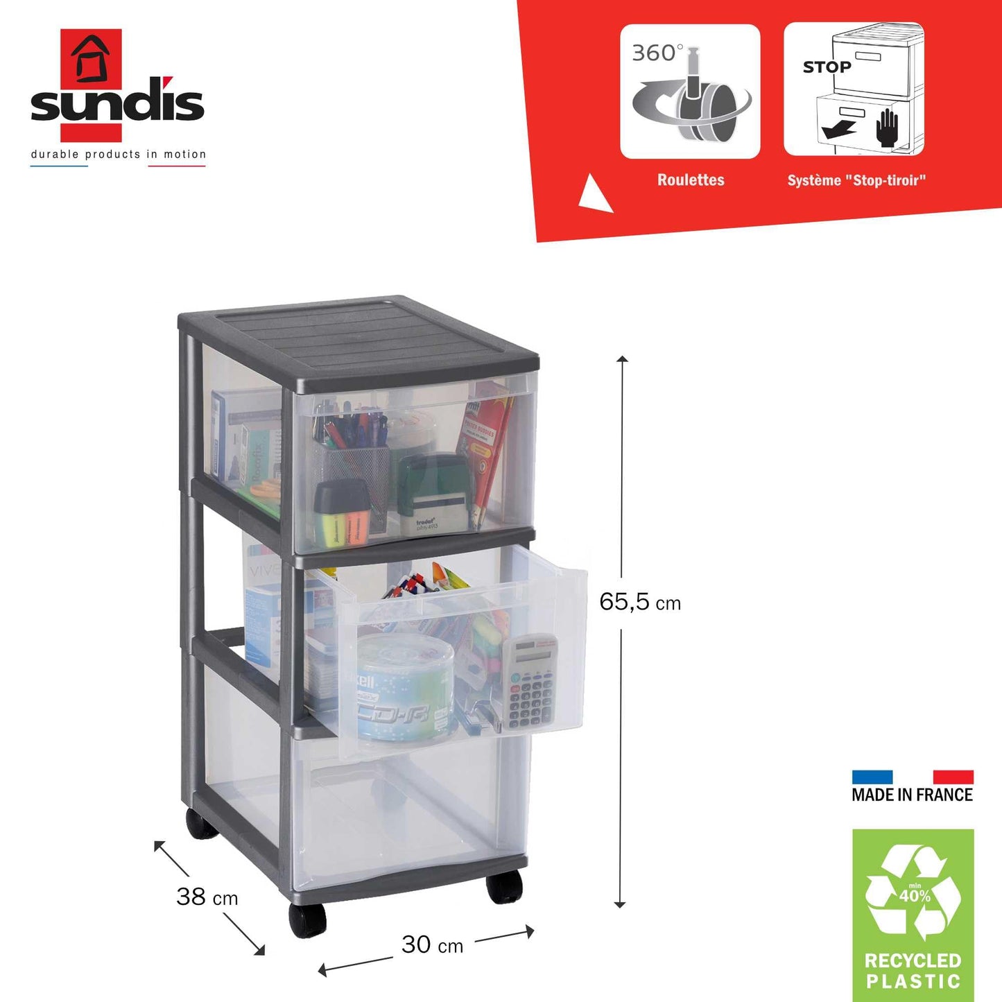 Rotho OPTIMO Tower drawer unit, sturdy plastic rolling cart with 3 drawers, silver body and transparent drawers, approx. 38.5 x 30 x 65.5 cm.