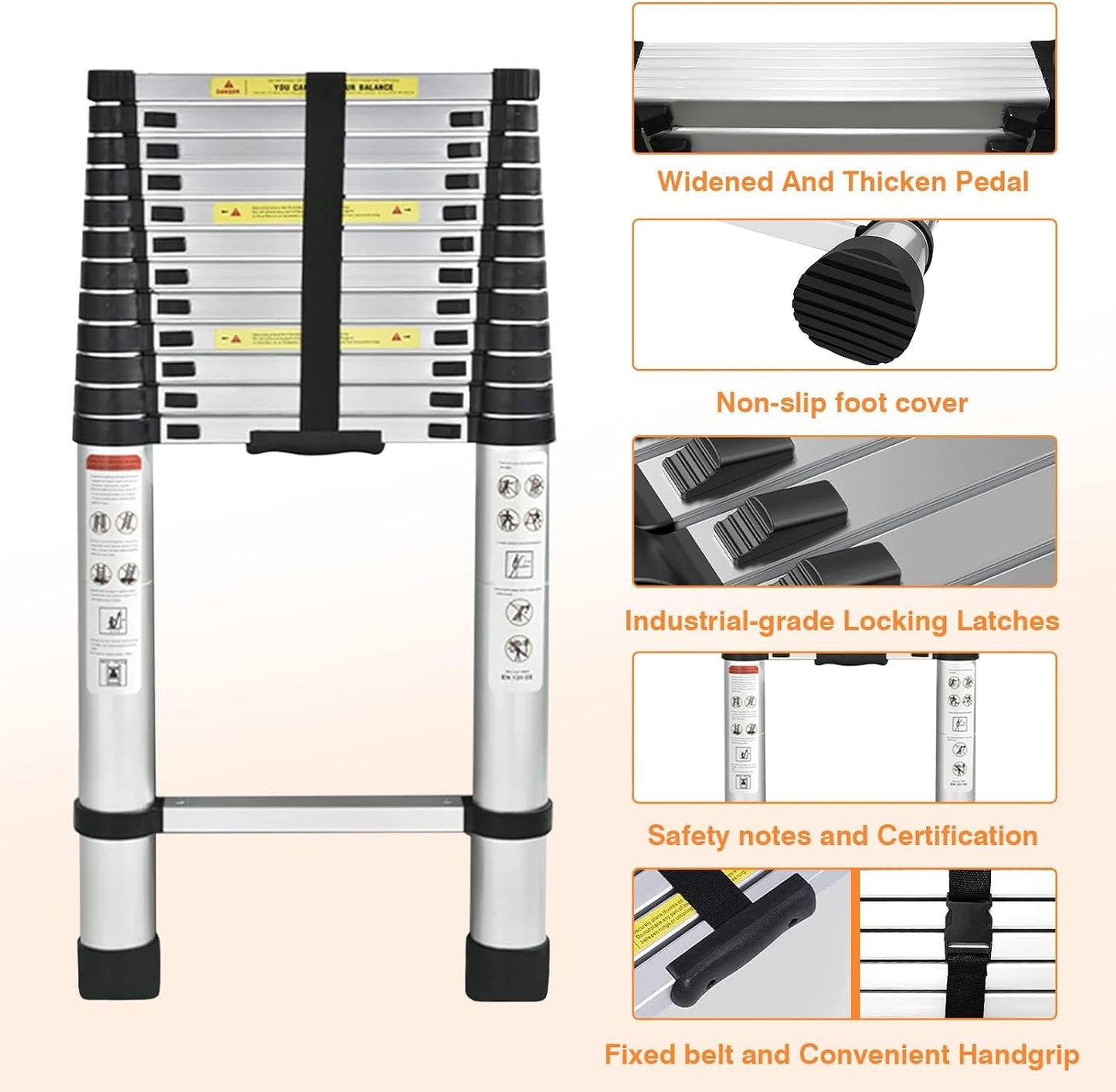 14.5FT portable multipurpose aluminum telescoping ladder, 4.4M retractable foldable ladder extension climbing stable ladder, 330lbs max load, step ladder with non-slip rubber feet.