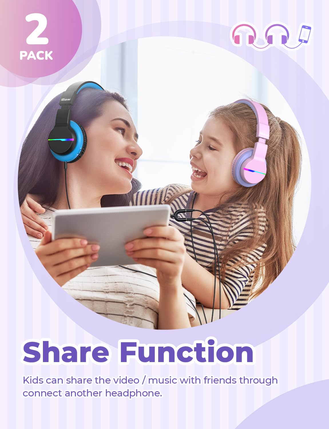 iClever Bluetooth Kids Headphones 2 pack, Colored LED Lights, Over-Ear Kids Headphones with 74/85dBA Volume Limiting, 85 Hours Playtime, Bluetooth 5.2, Built-in Microphone