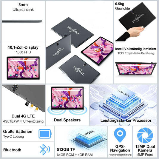 2025 Latest 10 Inch Tablet, 3-in-1 Android Tablet With Keyboard Mouse Pen, 4G LTE Tablets With 2 SIM 1 SD, 64GB ROM 512GB TF-Octa-Core | 1080P FHD | 13MP | 6000mAh | Bluetooth | WLAN GPS Type C-Gray