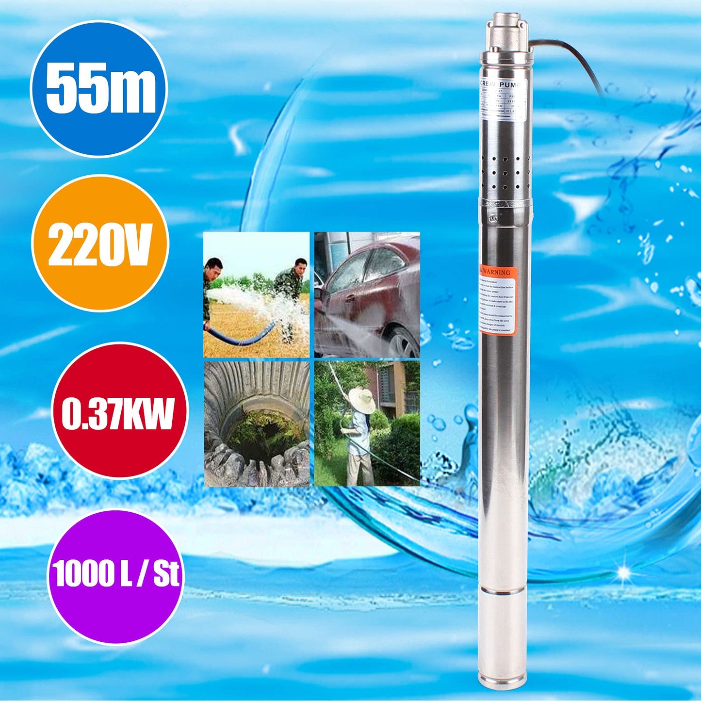 2" Deep Well Pump Submersible Pump 370w Well Pump Pipe Pump Garden Pump Sand Resistant 55m 1000 L/h