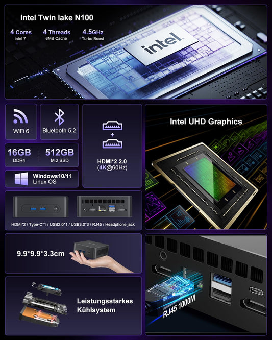 Ninkear Mini PC N100, mini computer with USB-C, 16GB DDR4 RAM 512GB M.2 SSD mini gaming PC, 4K dual display, W-11 HDMI 2.0, USB 3.0/WiFi 6/BT 5.2, suitable for office home entertainment, learning.