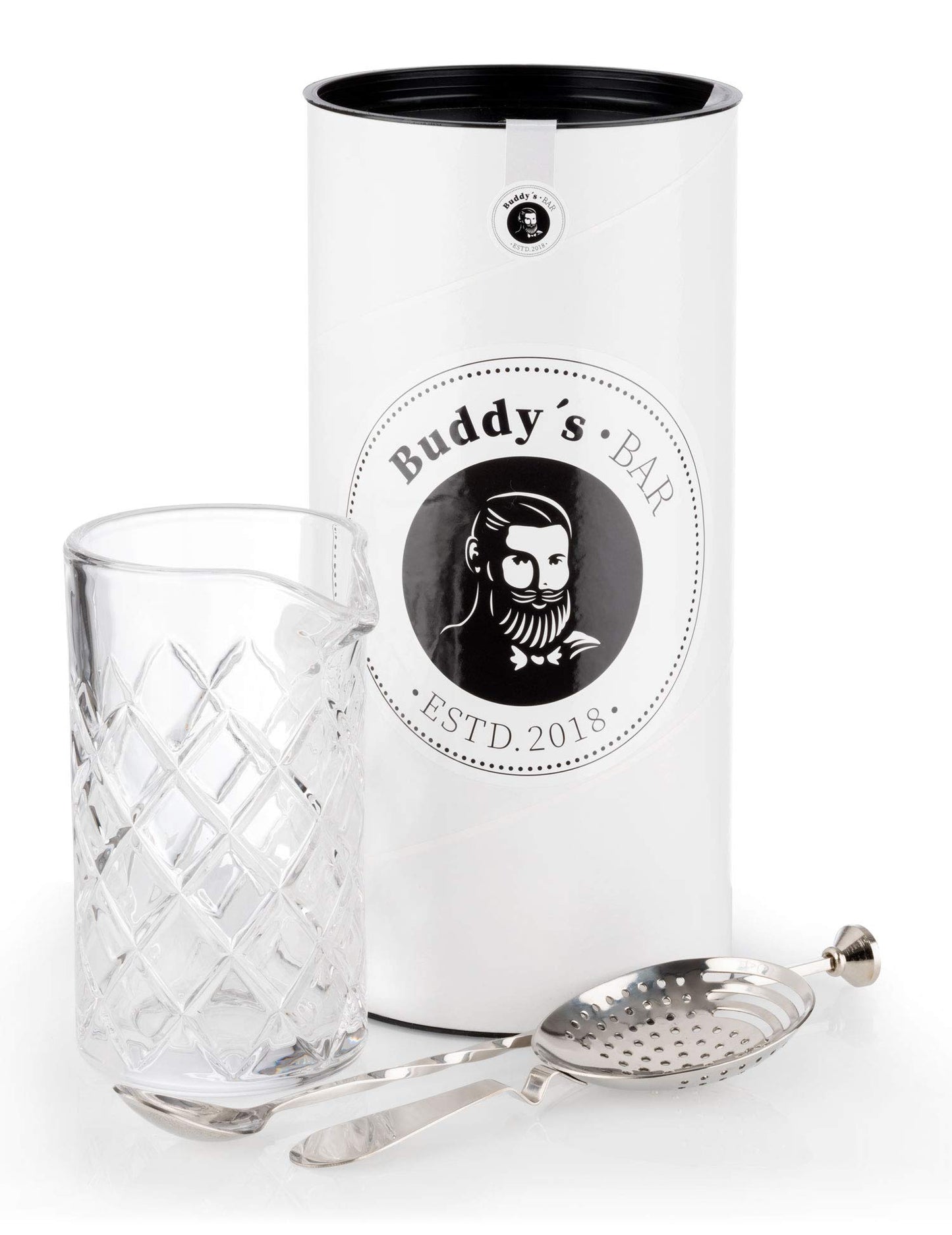 Buddy's Bar - Mixing set, stirring glass 500 ml, heavy quality, 27 cm bar spoon, strainer, high gloss polished stainless steel, food safe, dishwasher safe, bar set including gift box.
