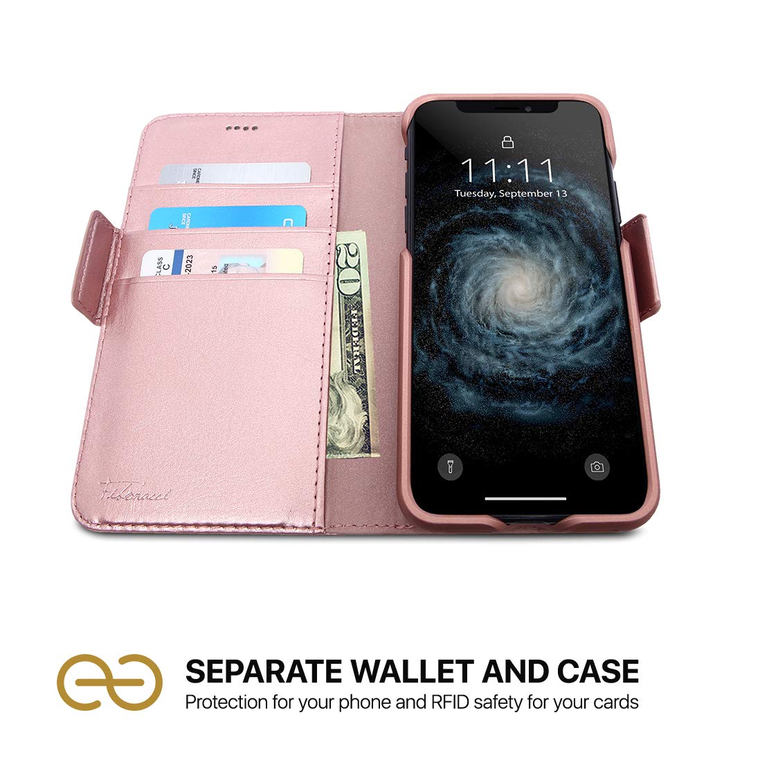Dream Fibonacci 2in1 phone case flipcase for iPhone 11 | Magnetic iPhone case | TPU leather case protective cover, RFID protection, vegan faux leather, gift box | Pink