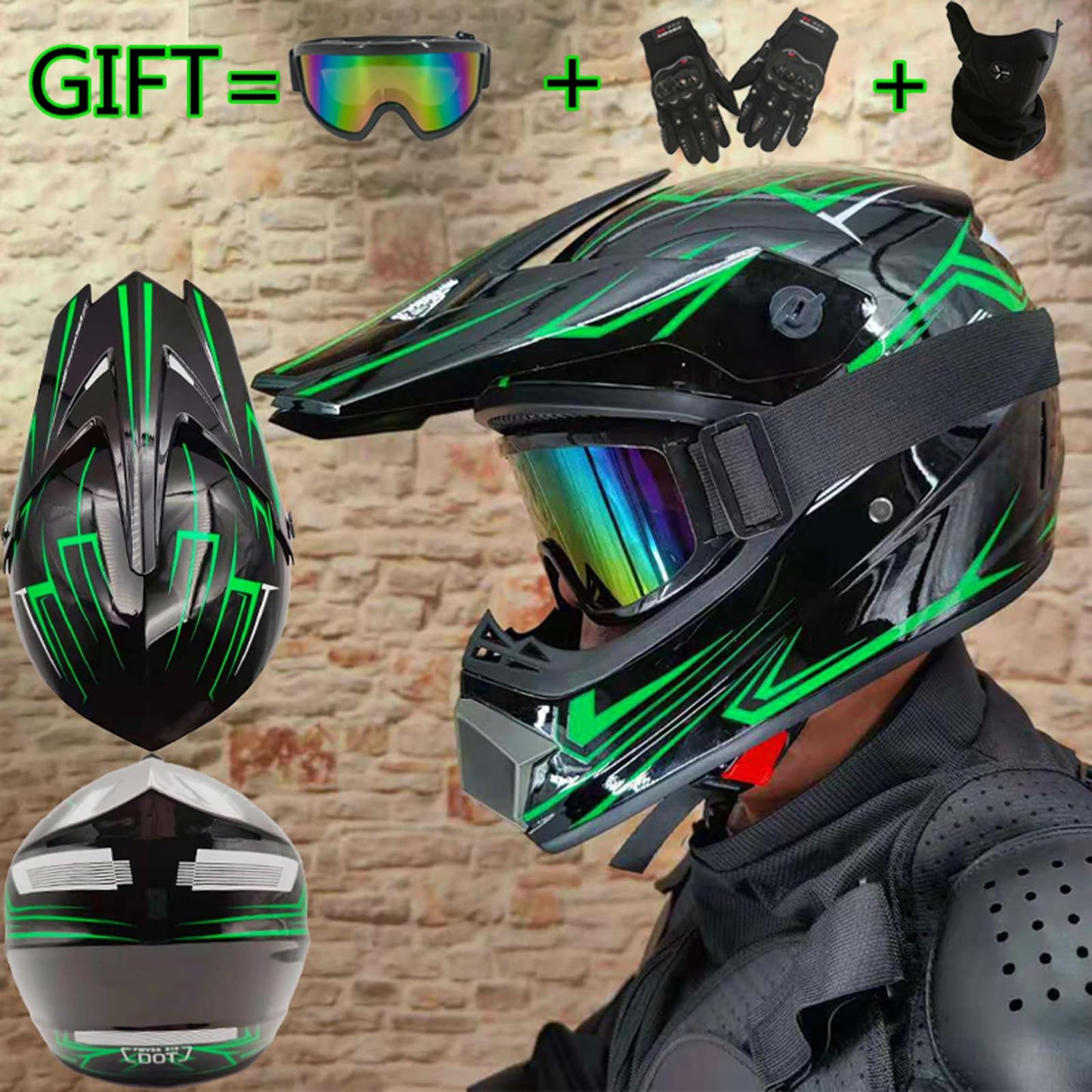 UIGJIOG Downhill Motorcycle Helmet Kids, Helmet Set Men ATV Motorcycle Helmet D.O.T Certified Helmet With Goggles Gloves, Full Face Helmet MTB Including 4 Sizes Helmet Liner, B