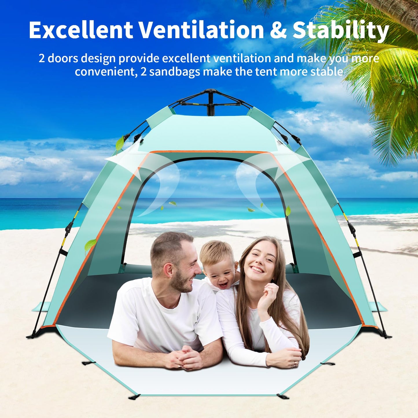 Yafaca Beach Shelter, 1-3 person automatic pop-up tent, large UV 50+ sun protection portable two-door lightweight pop-up beach tent for garden, fishing, picnic.