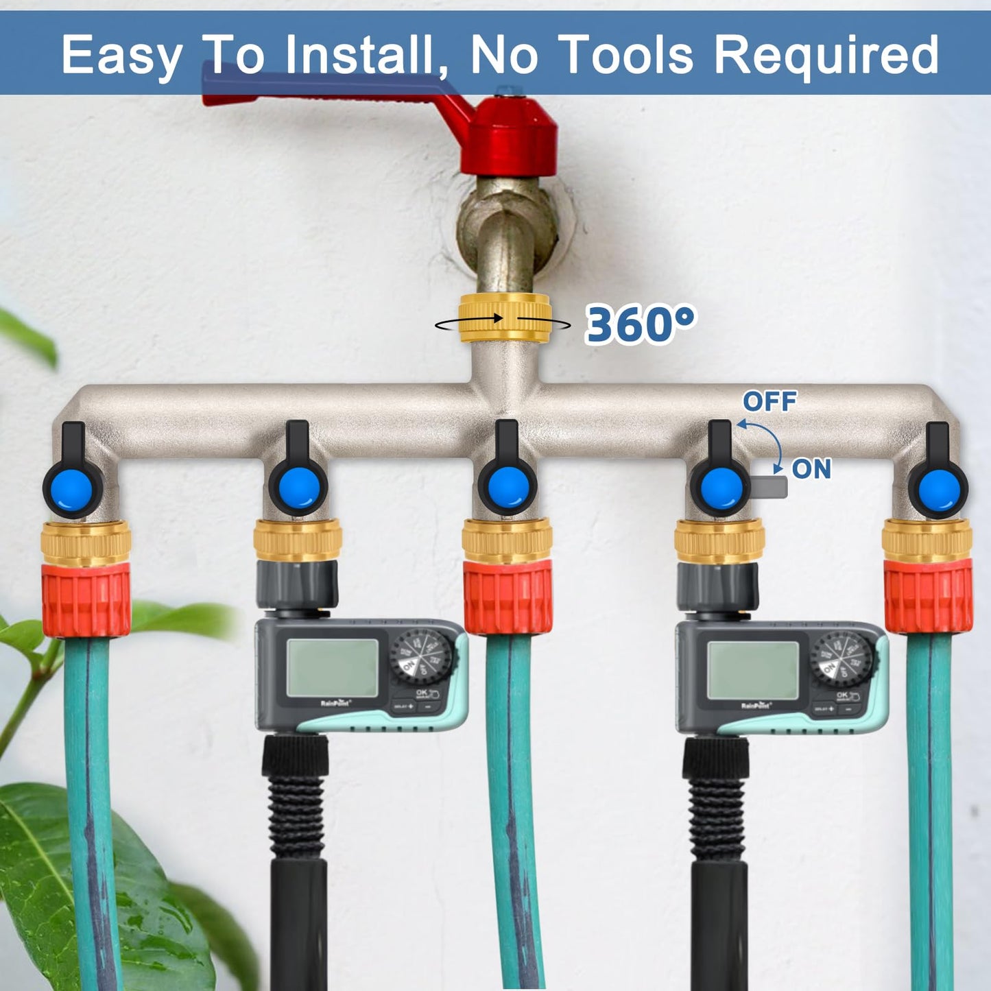 5-way water tap water distributor made of brass for 5 devices/garden hoses, 5-way distributor 3/4" adapter 1/2" with ball valve for adjusting and shutting off water flow.