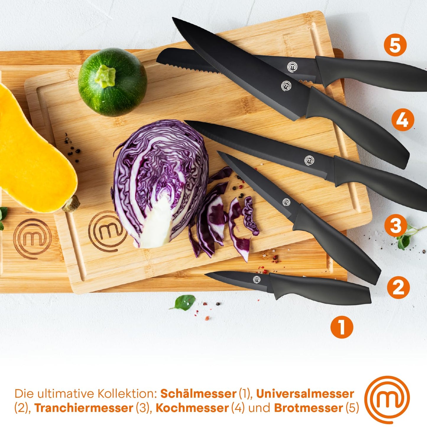 MasterChef knife block with cake knife set including Santoku knife, bread knife, chef's knife, vegetable knife, and utility knife. Made of stainless steel, sharp, 5 pieces, black, with soft-touch handles.