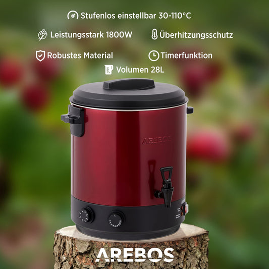 Arebos preserving cooker 1800 W | 28 L preserving pot | with timer, thermostat & overheat protection | continuously adjustable 30-110°C | mulled wine cooker | incl. canning jar lifter & canning funnel | Red