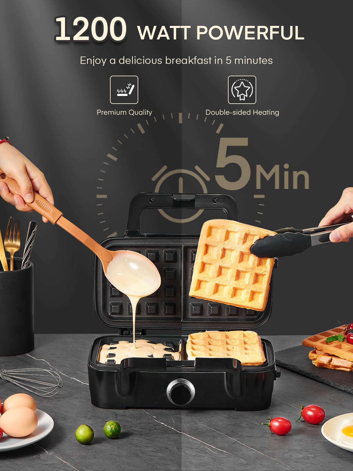 1200W 3 IN 1 Sandwich Maker, 5-level temperature control waffle maker sandwich toaster contact grill with non-stick coating for easy cleaning without burnt-on food, LED lights, stainless steel/black