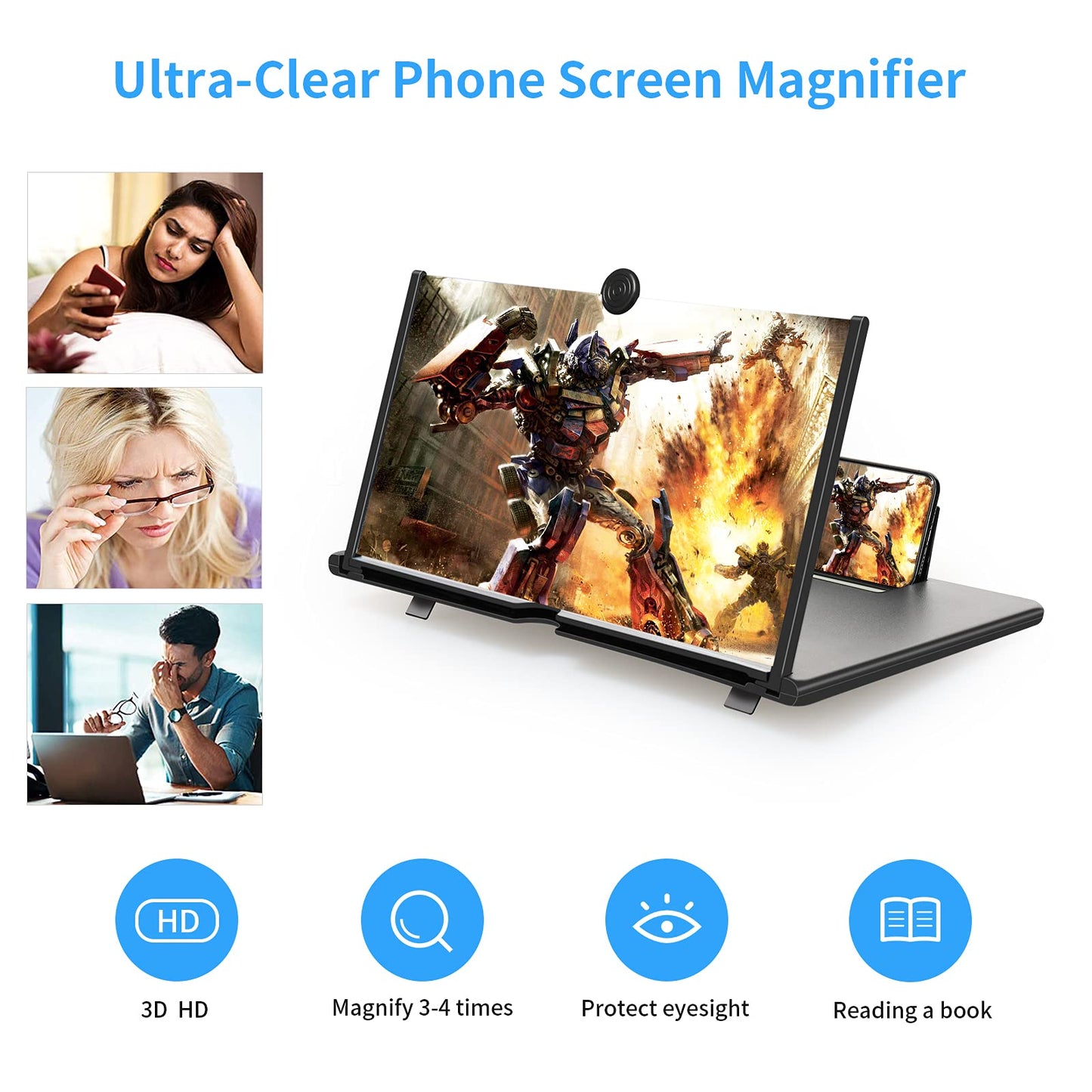 STEBRUAM 16 inch Mobile Phone Magnifier, 3D HD Mobile Screen Magnifying Videos Extendable HD Screen Blue Light Folding Amplifier Holder Magnifying Glass for all Smartphones