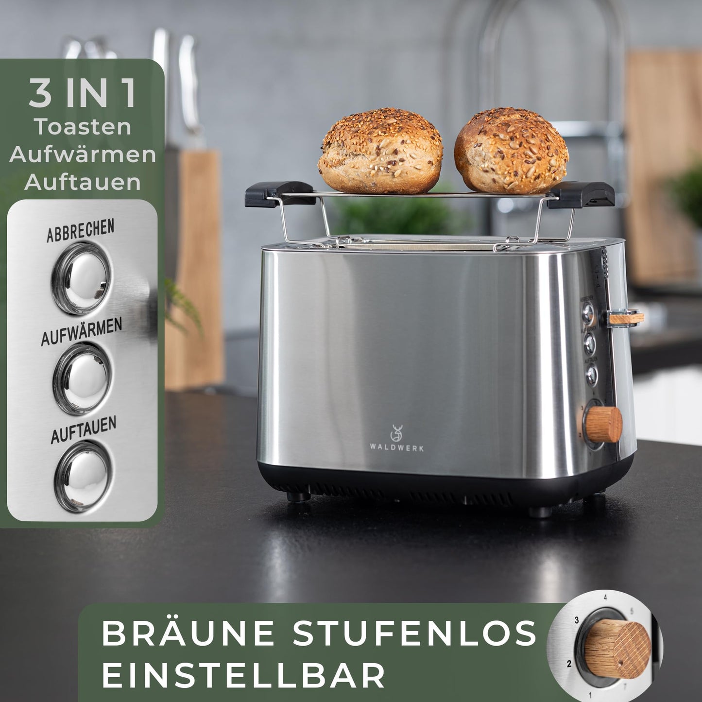 FORESTWORK Design Toaster - made of 304 stainless steel and oak wood - for 2 slices - with bun warming rack - with extra wide and deep toast slots - with crumb tray