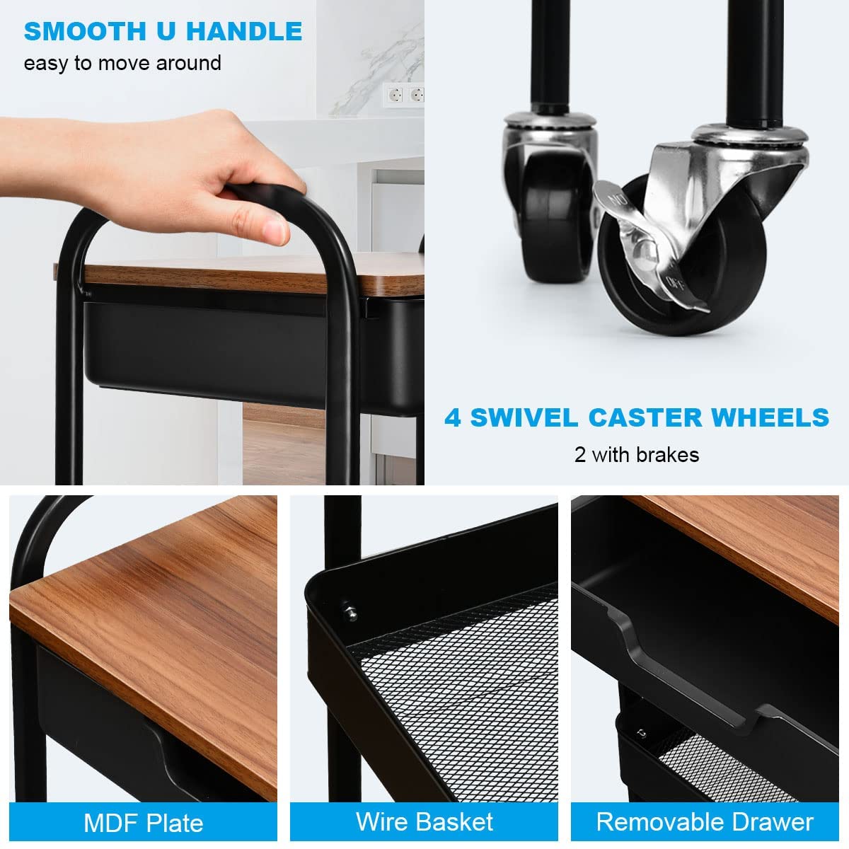 Shrivee 3-Tier Kitchen Cart with Table and Drawer, Utility Cart, Metal Utility Rolling Cart, Shelf Cart for Office Salon, Multi-Purpose Cosmetic, Serving Cart for Kitchen, Bathroom, Office (Black)