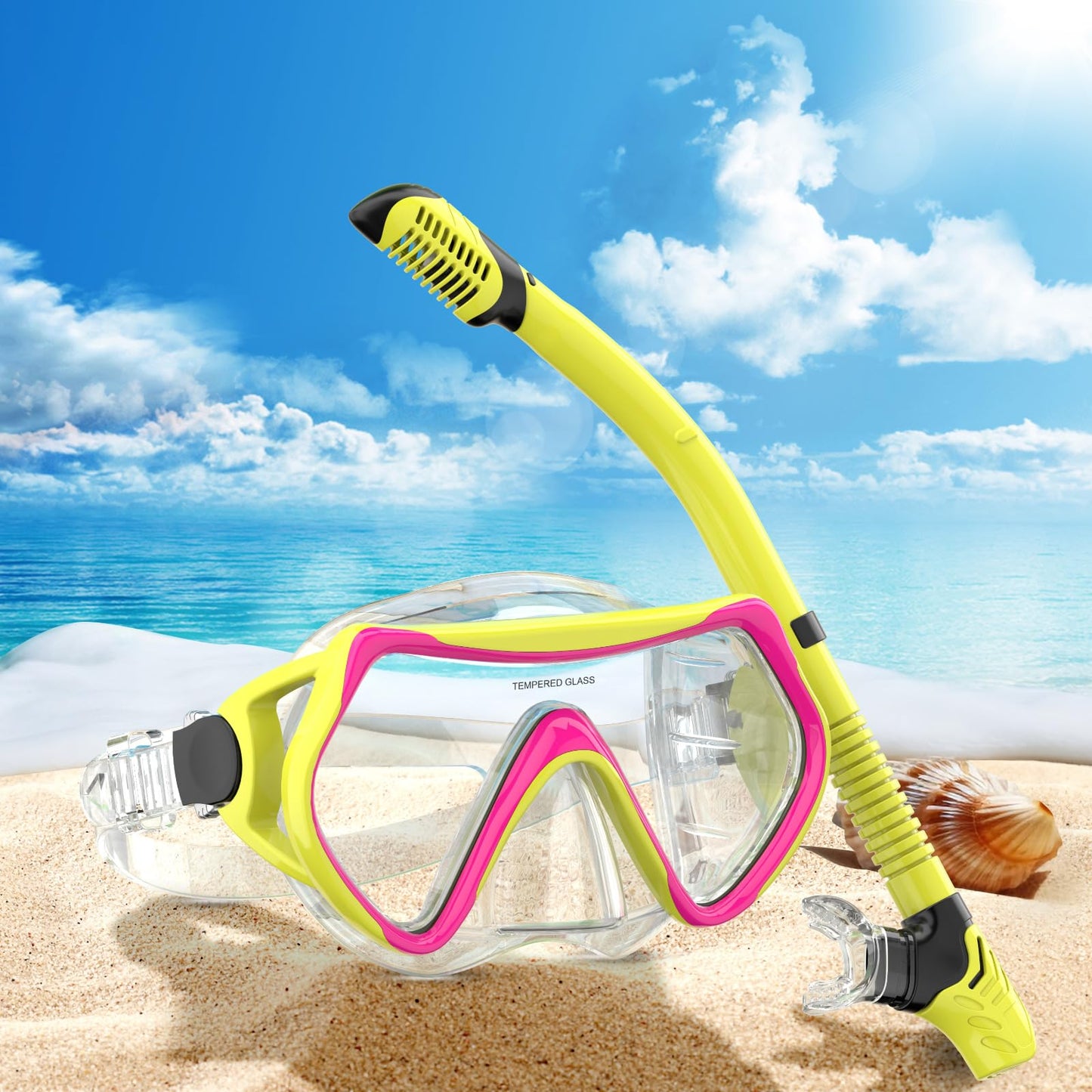 Adult snorkeling set includes adult snorkel mask with 180° panoramic view, anti-fog tempered glass, and adjustable silicone strap for snorkeling and swimming.