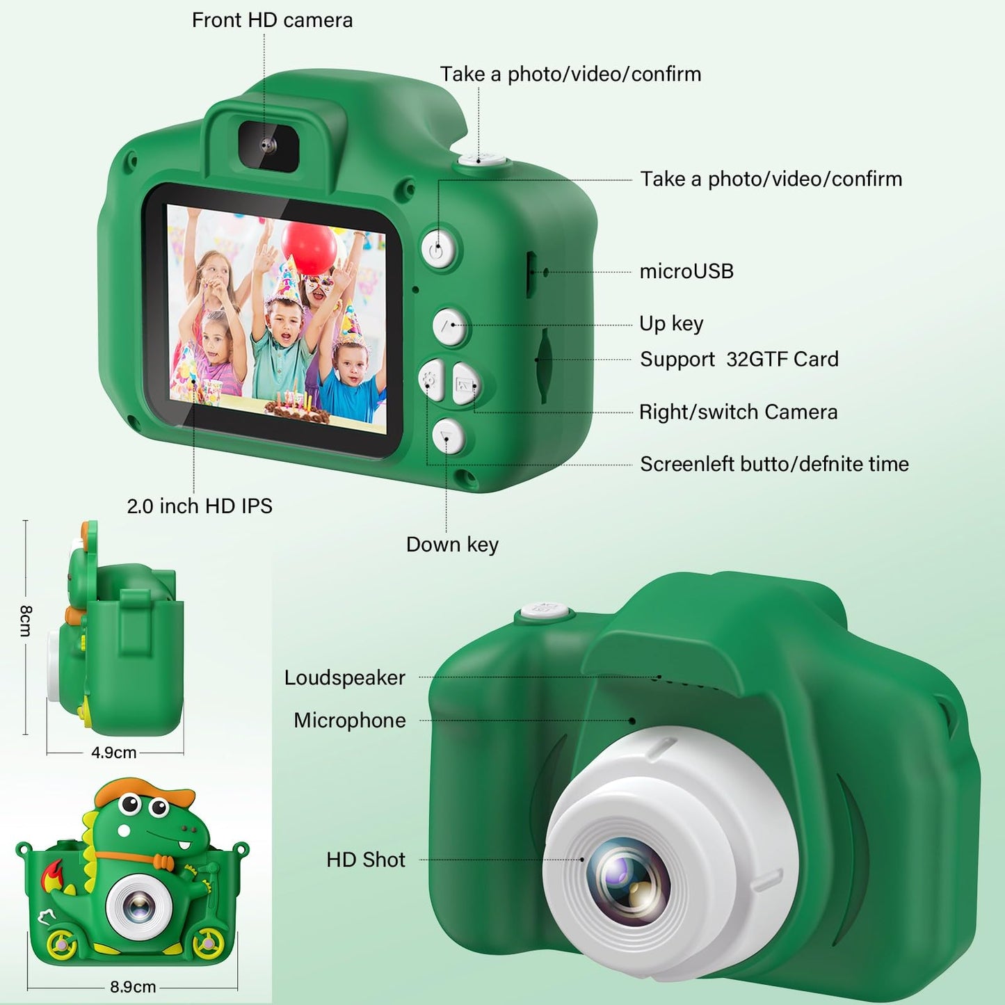 Kids Camera Dinosaur, Kids Camera 2" Display 1080P, Selfie Digital Camera for Kids with 32GB, Photo Camera for 3 4 5 6 7 8 9 10 11 12 Year Old Boys and Girls Gifts Toys (Green)