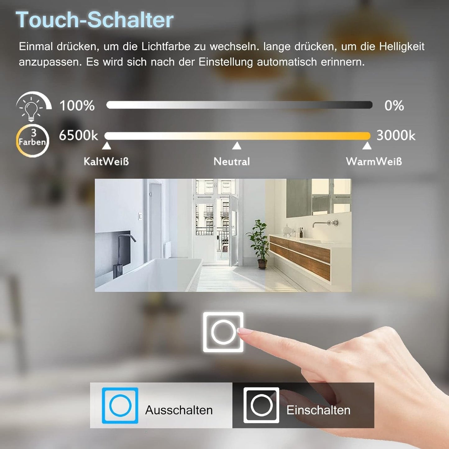 LISA LED bathroom mirror with lighting 60x50 cm, large bathroom mirror with touch dimmable warm white/cold white light. Anti-fog wall mirror for bathroom, toilet, hallway. Rounded corners.