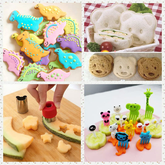 47-piece children's kitchen knife set with dinosaur cookie cutters and kid-friendly knives for cutting cakes, cookies, fruit, sandwiches, and vegetables.