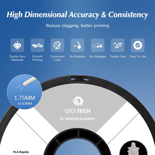QIDI TECH PLA Rapid Filament 1.75mm, 3D printer filament PLA, suitable for high-speed printing, PLA filament 1.75 for most FDM 3D printers, 1 KG spool (2.2lbs), White.