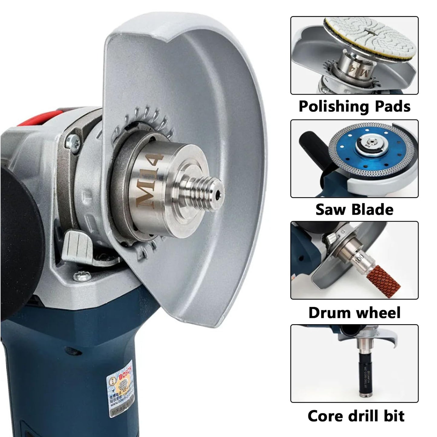 Angle grinder accessory, M14 X-LOCK adapter with M14 locking nut for attaching to M14 thread. Suitable for angle grinder cutting blade diamond bit stainless steel adapter + M14 flange locking nut.