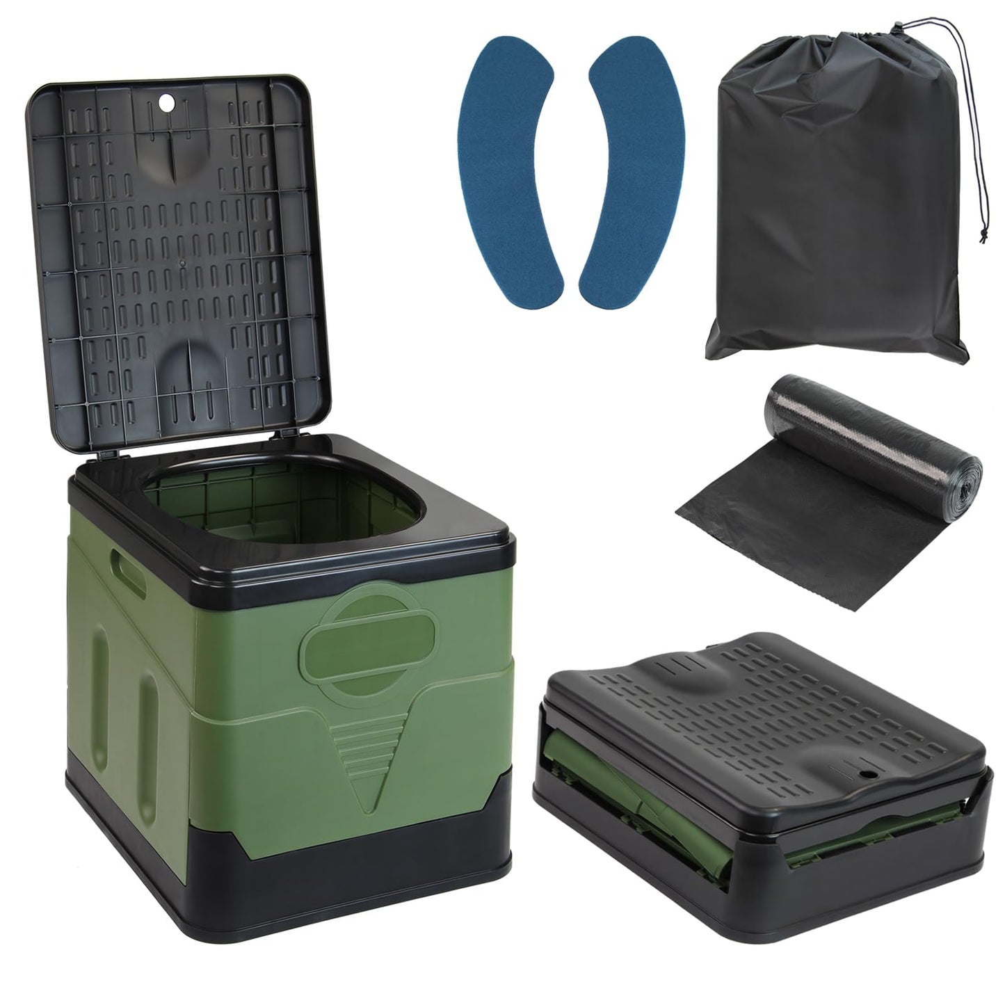 Montafox Foldable Camping Toilet up to 150kg Mobile WC Portable Compost Toilet with 12 Toilet Bags, Color: green/black
