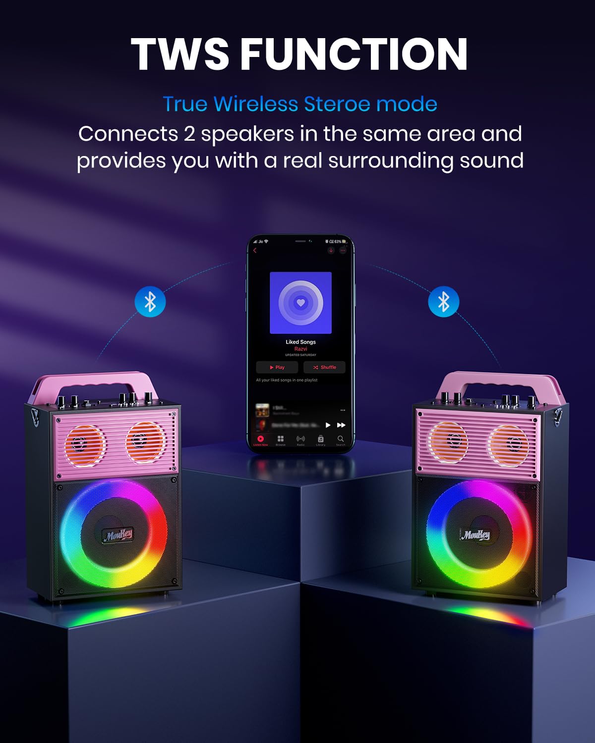 Moukey Karaoke Machine for adults and kids, portable PA system, Bluetooth party speaker with 2 wireless microphones and disco light, TWS/AUX/USB/TF/FM, Echo/Treble/Bass adjustment - MPS4 Pink