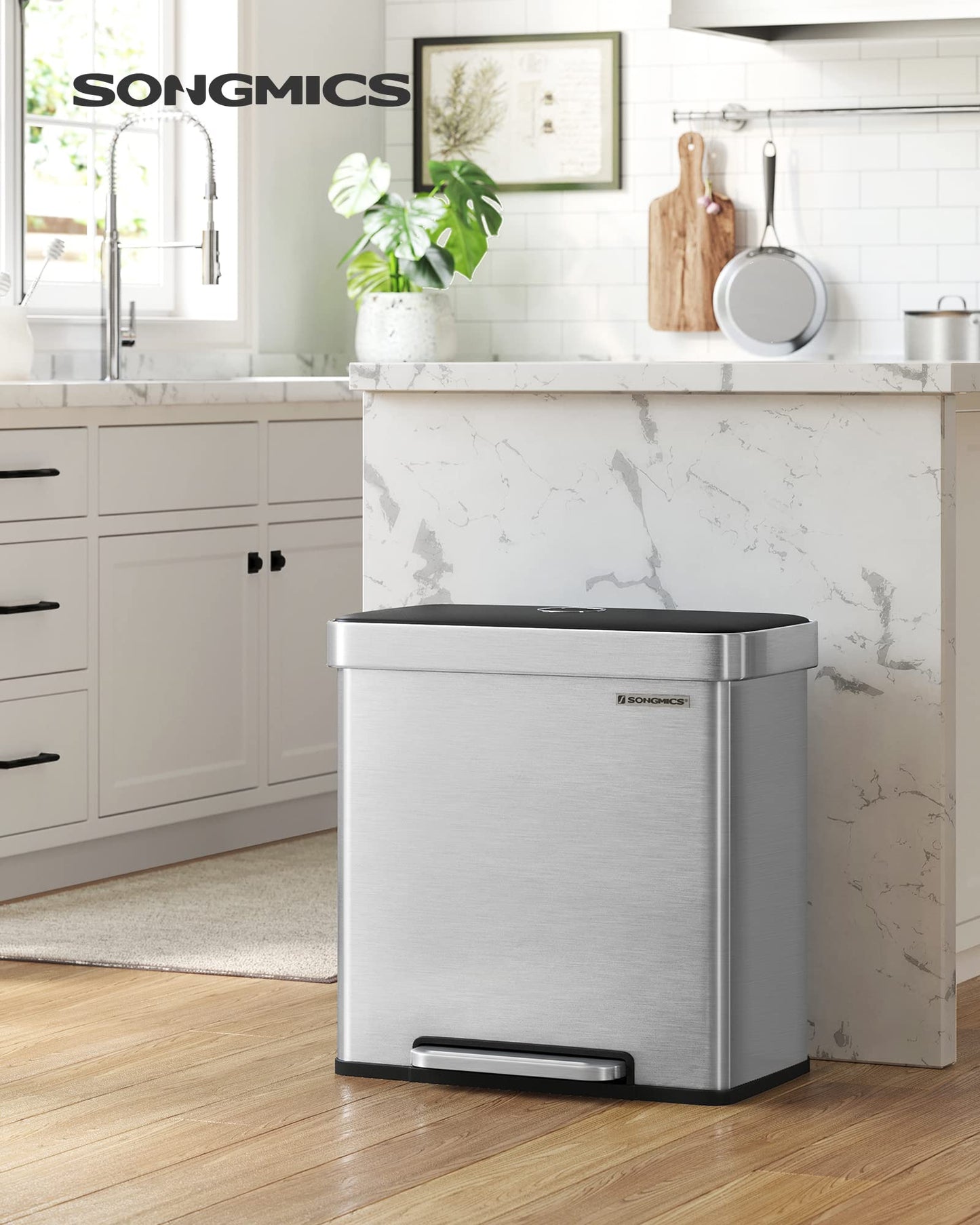 SONGMICS Kitchen Trash Can, 2 x 30L, Waste Separation System, 2 Compartments, 15 Trash Bags, Stainless Steel Trash Can, Plastic Inner Bucket, with Lid, Soft-close, 58 x 31.5 x 59 cm, silver LTB202E01