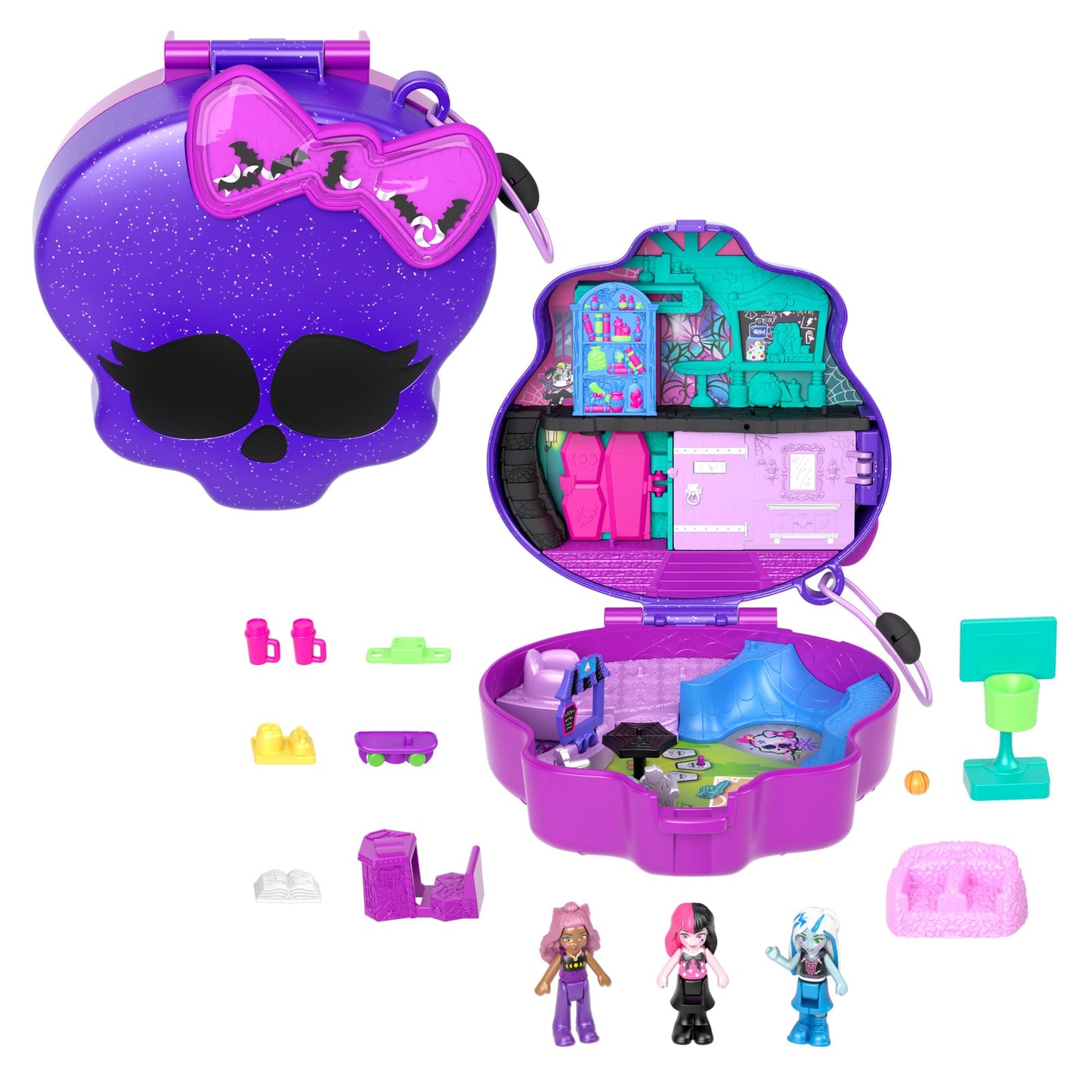 Polly Pocket Monster High playset with 3 small dolls and 10 accessories, school world inside, portable travel toy with storage capability, HVV58