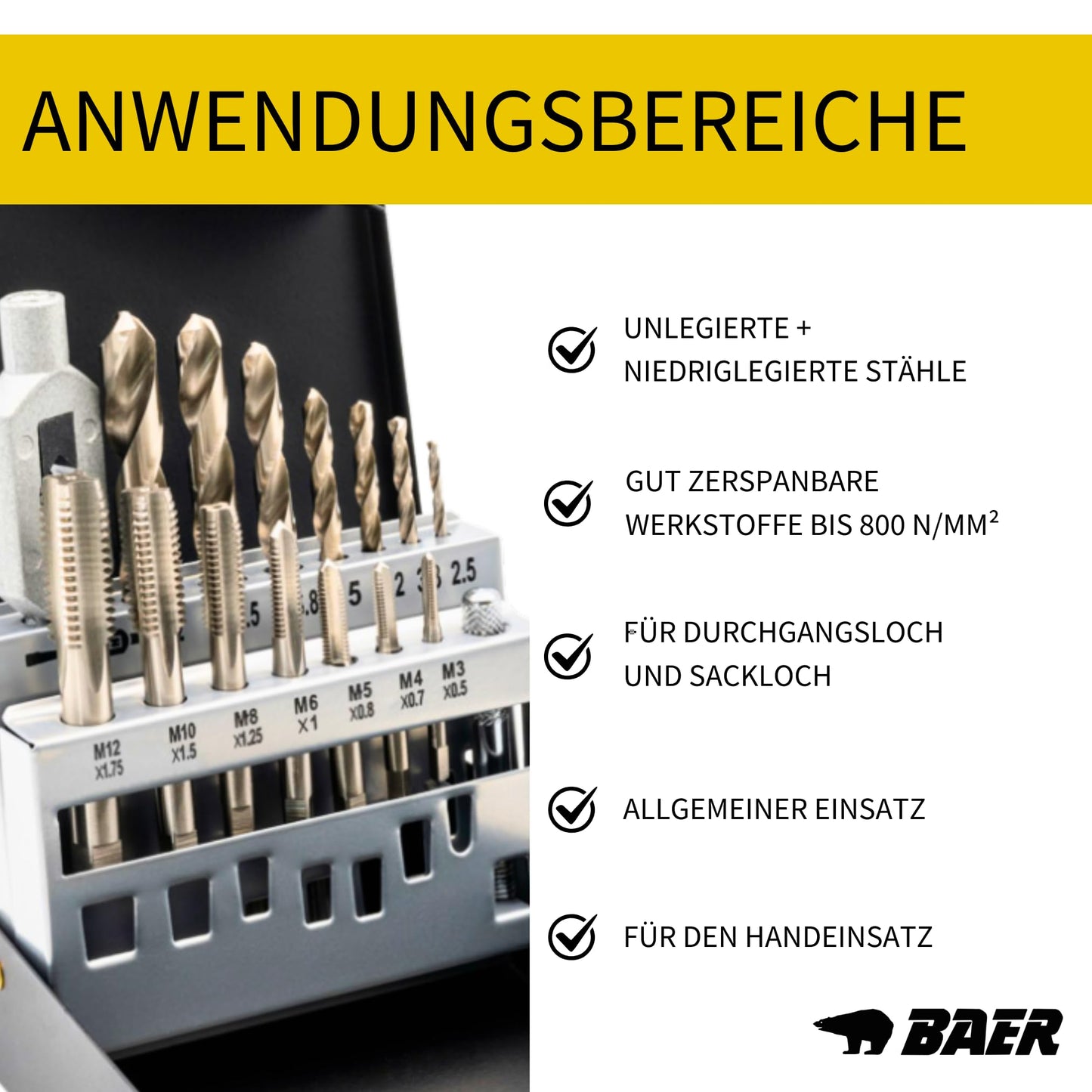 BAER Thread Cutting Set M3 - M12 HSSG - 15 pcs. | Thread tap set with center drill & tap wrench | Professional thread cutting set in metal case | Tap set
