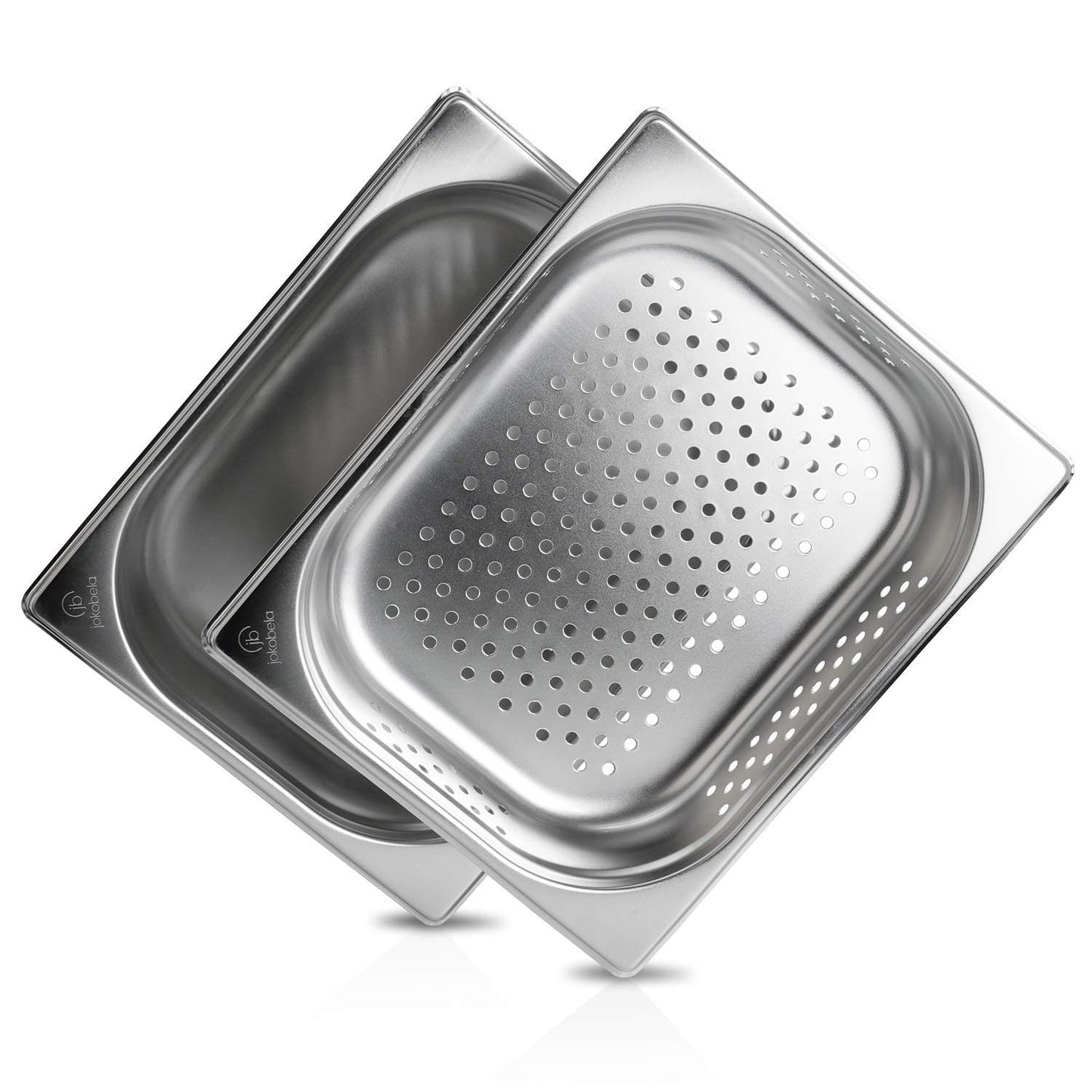 jokobela GN Container SET :: GN 1/2 65mm, 1x perforated, 1x non-perforated :: Compatible with Gaggenau/Miele/Siemens/AEG/Electrolux steam ovens (Heat-resistant, stainless steel, Dishwasher safe)