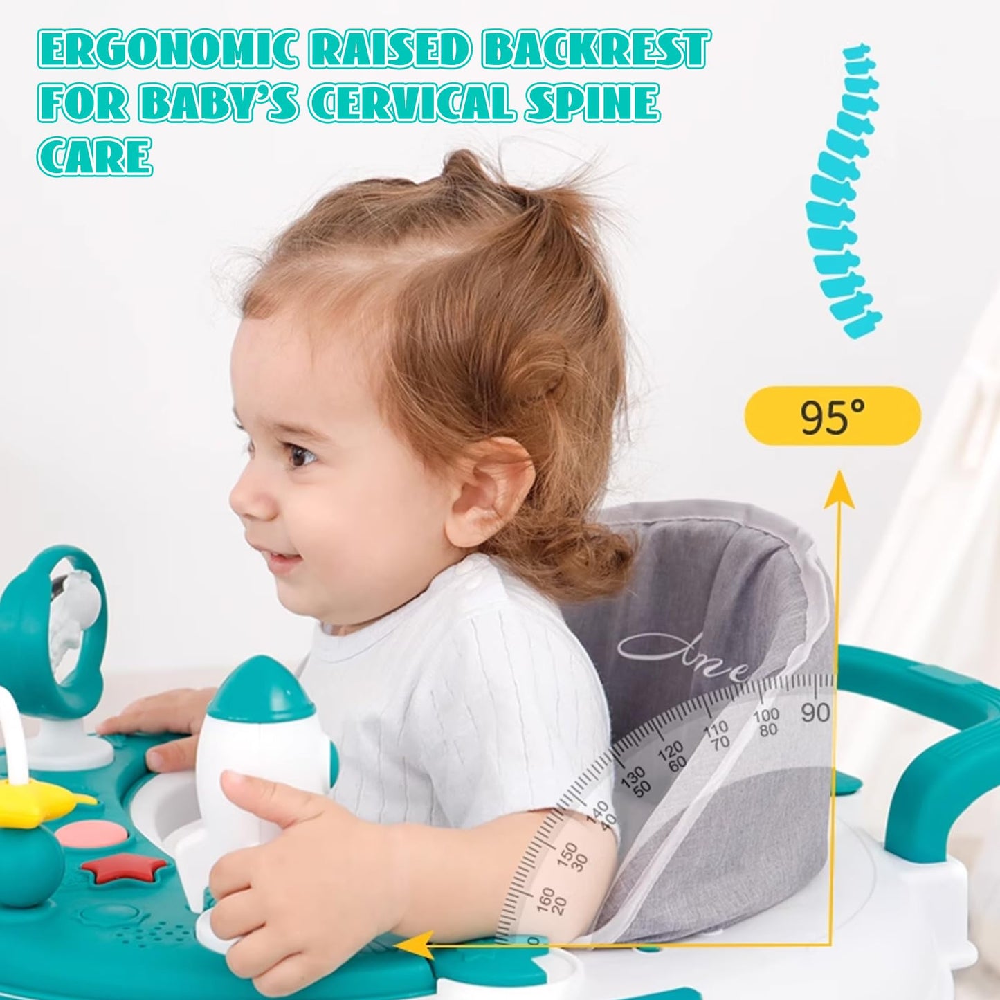 3 in 1 baby walker, height adjustable & foldable, with over-rolling walking wheels, stable tray, and toy center. Suitable for babies from 6 months old. (Blue)