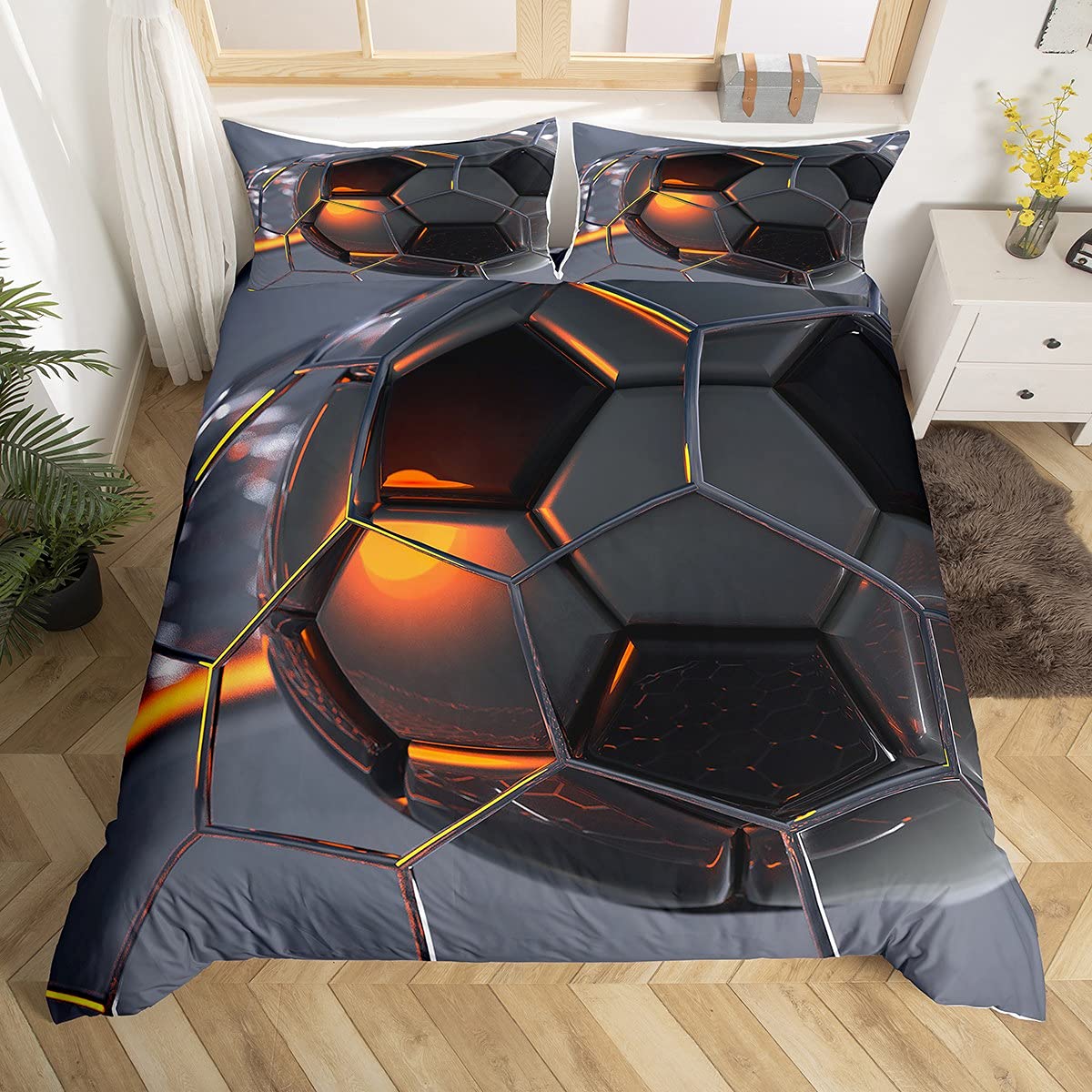 Loussiesd kids' bedding set soccer print duvet cover set black grey 2pc 135x200cm microfiber bedding for boys teens soccer sports theme with 1 pillowcase zipper