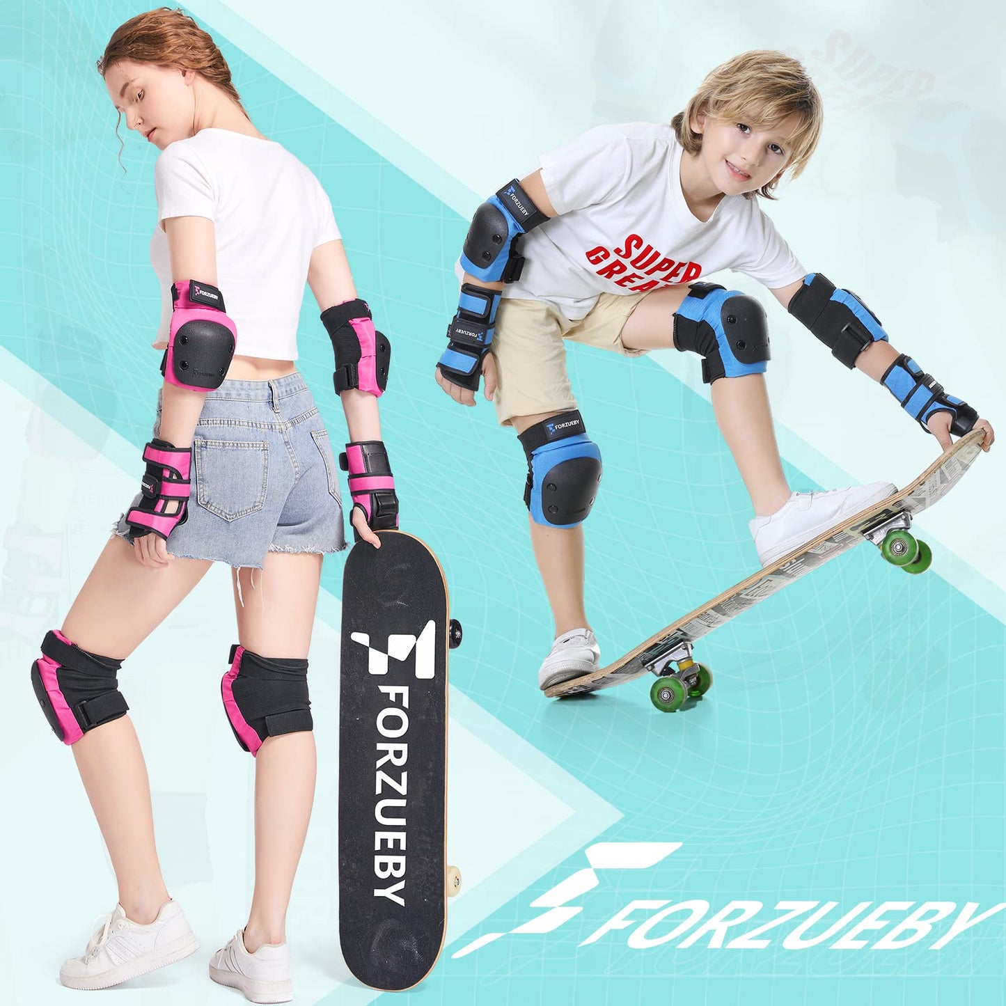 Forzueby knee pads, elbow pads, and wrist guards for adults & kids - 6 in 1 protective gear set for inline skating, skateboarding, scooter riding, BMX, etc.