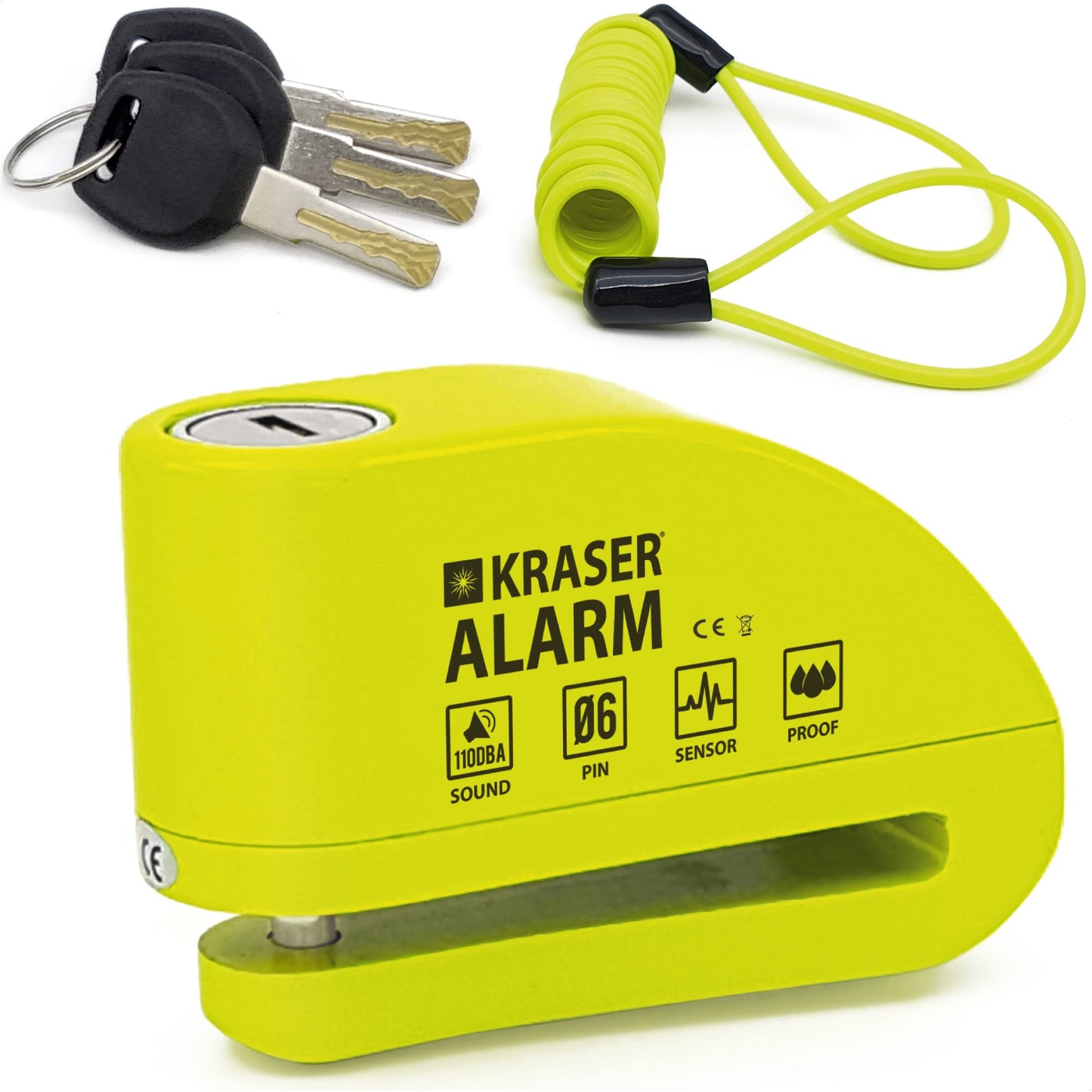 KRASER KR6Y Brake Disc Lock with Alarm 110 dB, Reinforced, 3 keys (2 spares) High Security Motorcycle Lock, Waterproof, 1.5m Reminder Cable, Bag, Universal Motorcycle Lock, Bike Lock